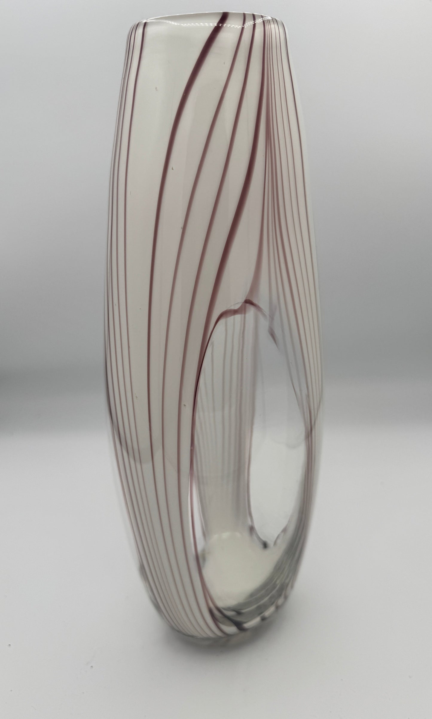 Handblown Art Glass Ribbon Vase – Murano Style Purple & White Swirl