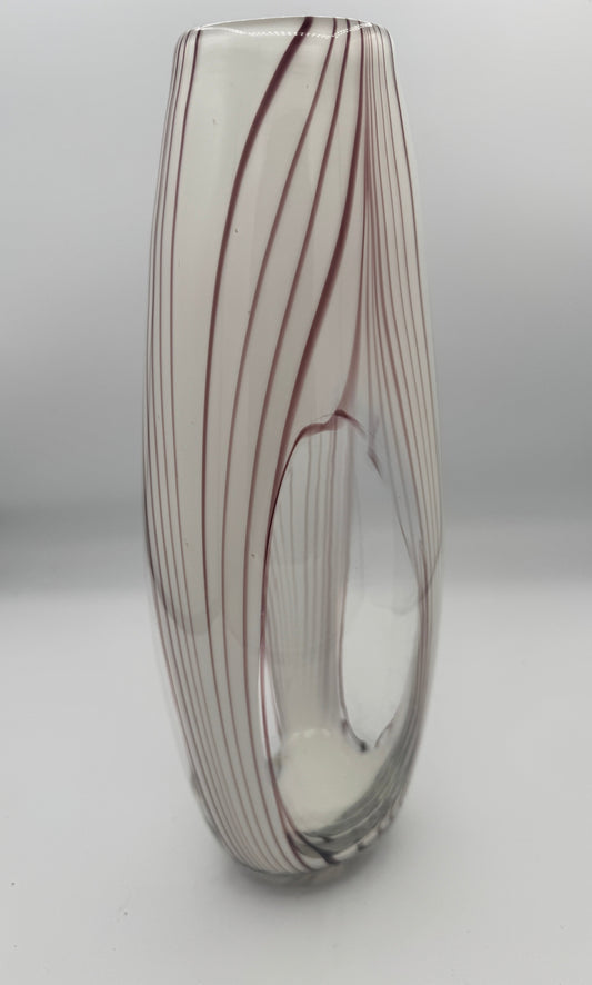 Handblown Art Glass Ribbon Vase – Murano Style Purple & White Swirl