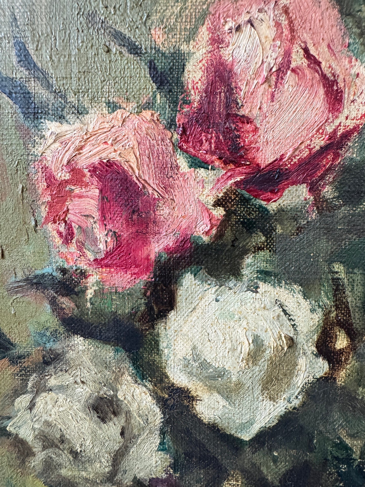Floral Still Life by T. Okabe (c. 1930) – Oil on Canvas in Celadon Palette
