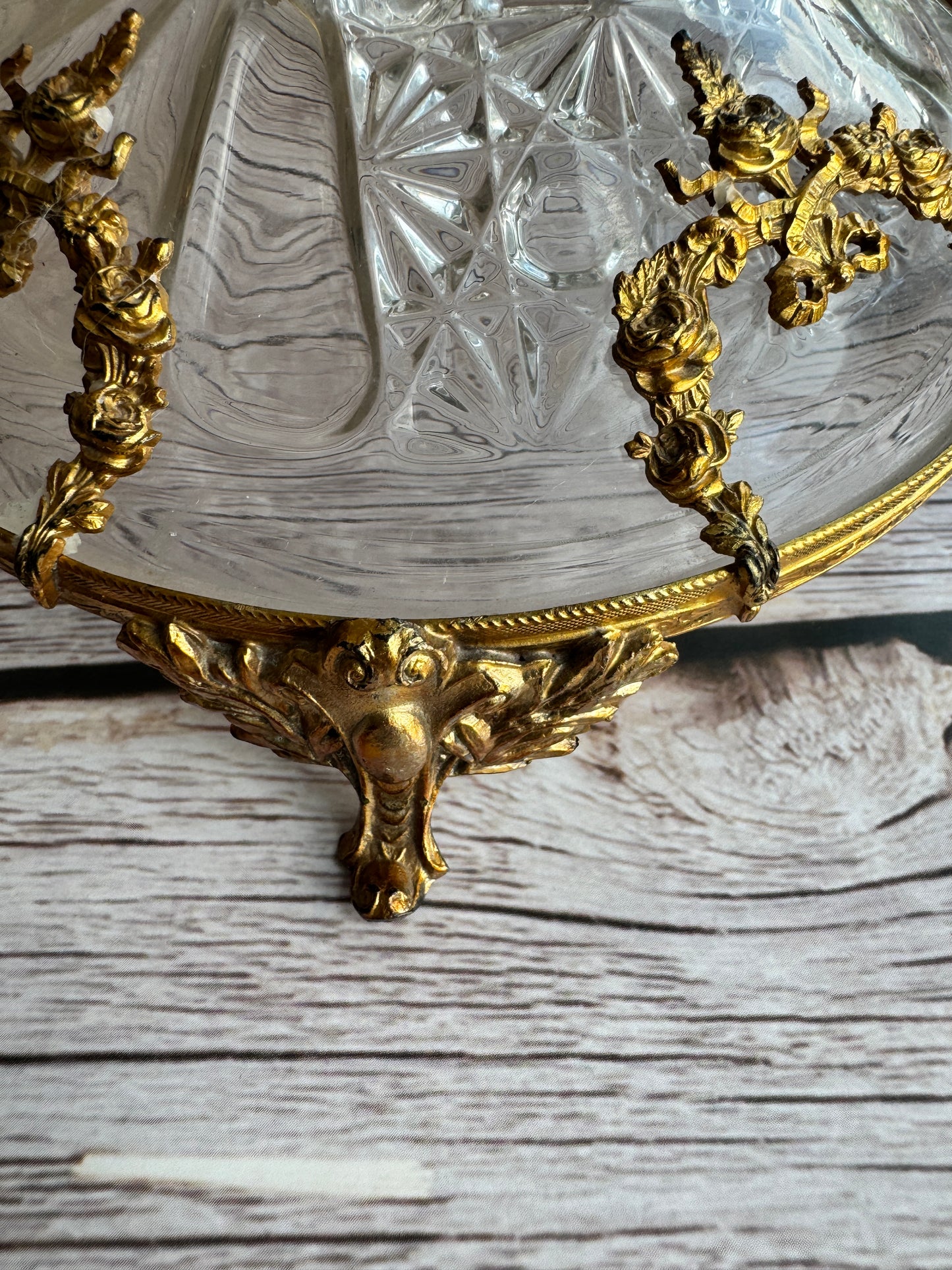Vintage Cut Glass Bowl & Candlestick Set with Ornate Gilt Filigree Bases