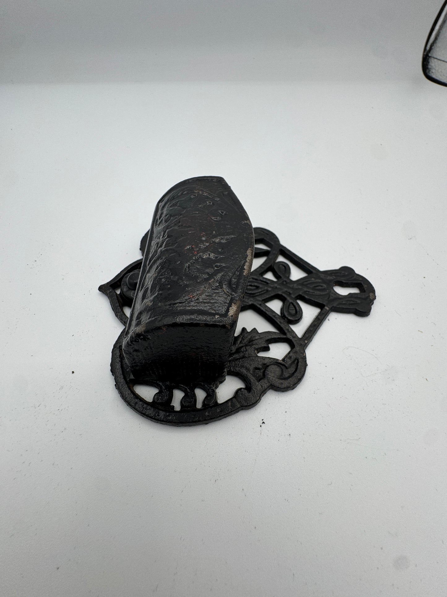 Antique-Style Cast Iron Wall Match Holder | Ornate Black Painted Metal, Early 20th Century Look