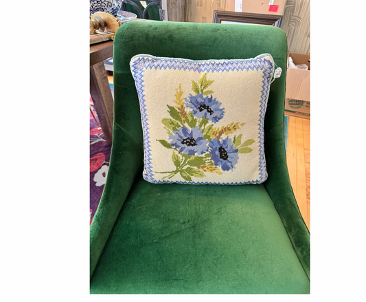 Vintage 1976 Minerva Blue Floral Needlepoint Pillow – 14” Square