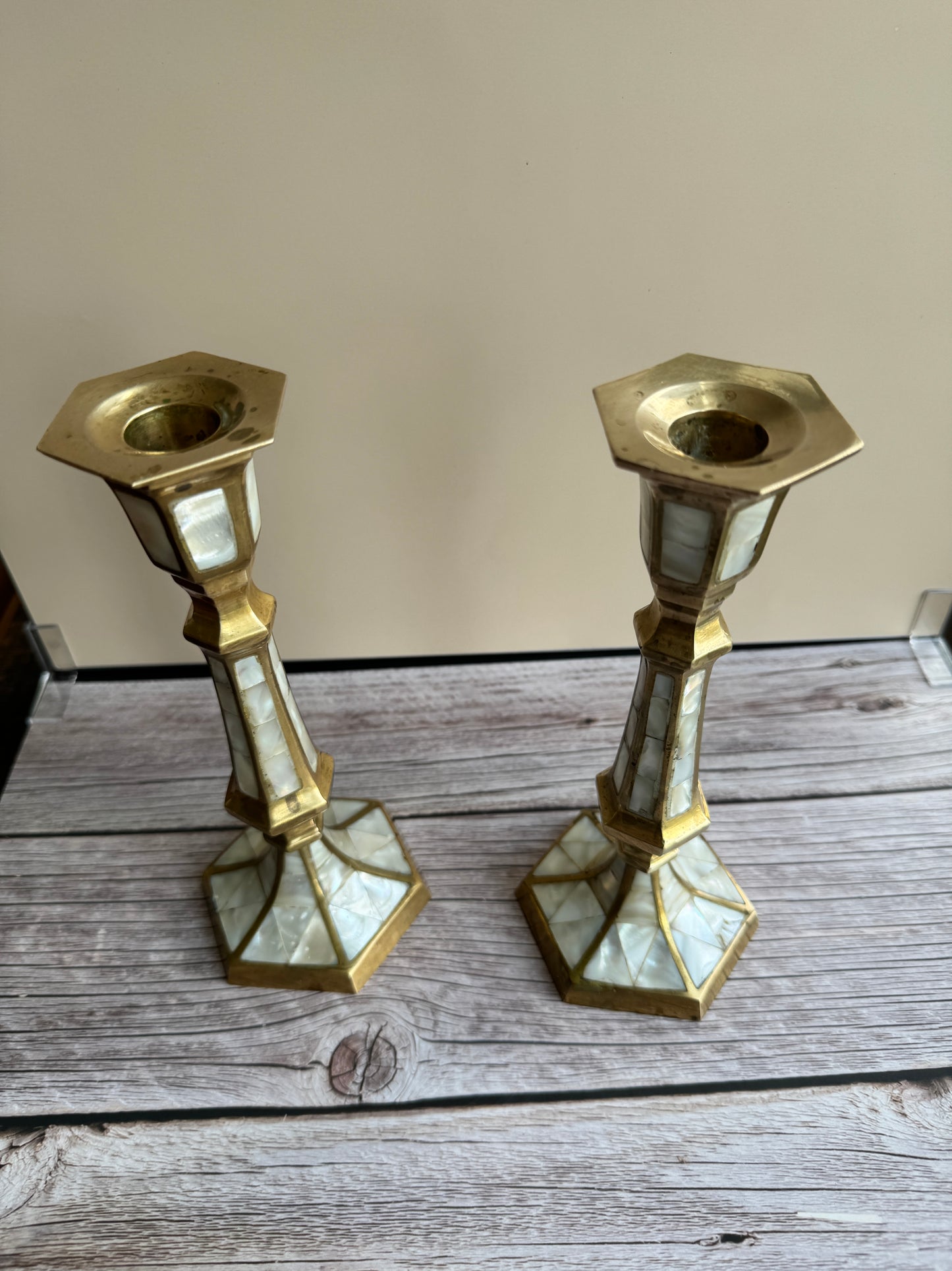 Mother-of-Pearl & Brass Candlestick Pair – 1970s–1990s