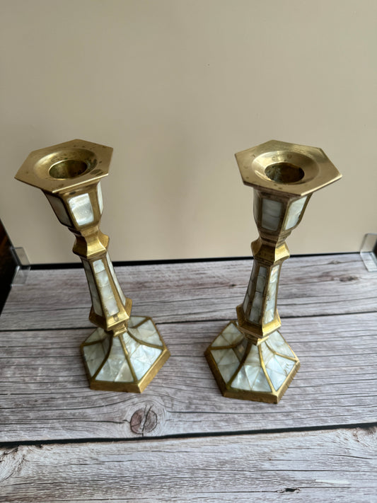 Mother-of-Pearl & Brass Candlestick Pair – 1970s–1990s