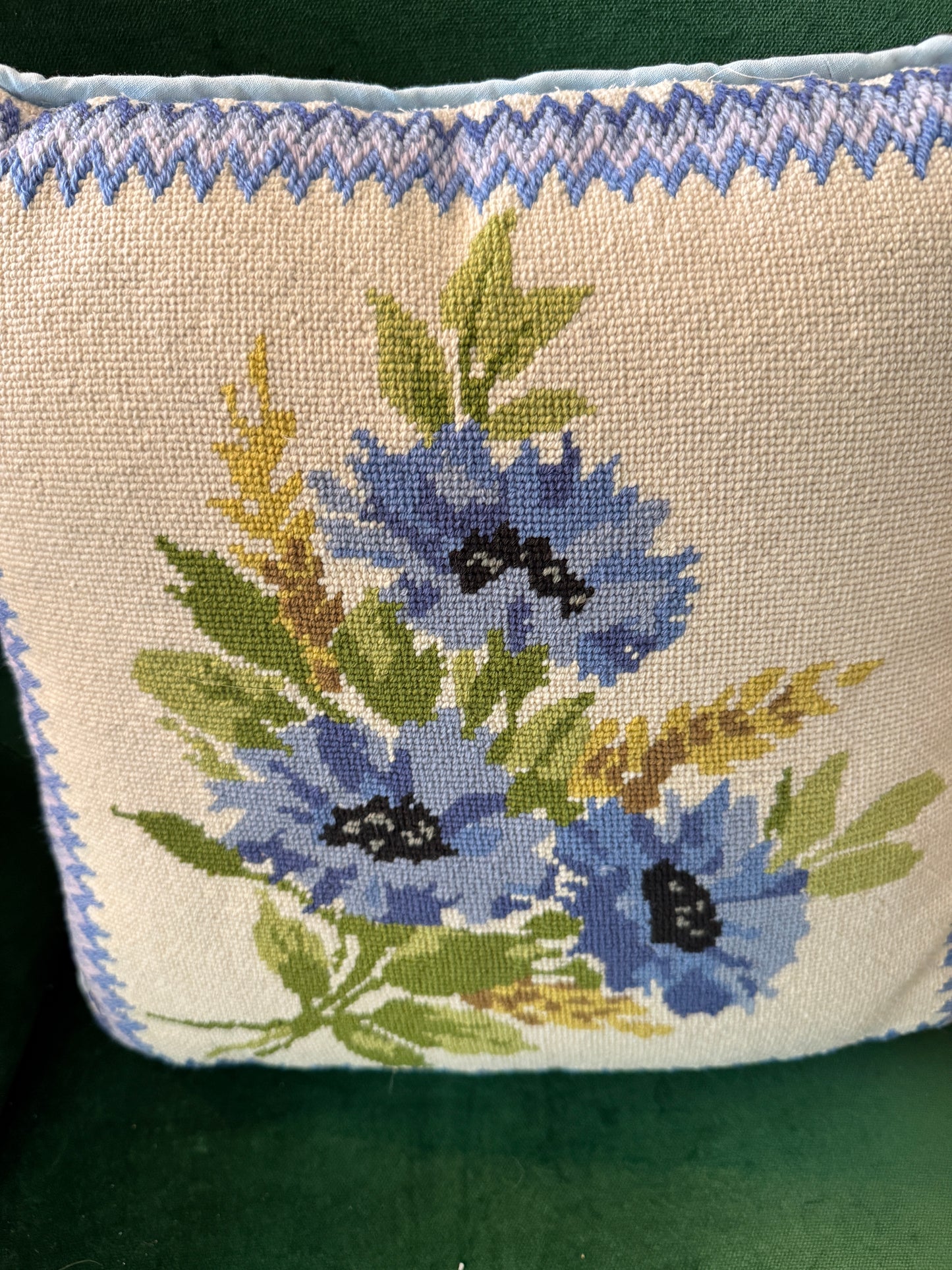 Vintage 1976 Minerva Blue Floral Needlepoint Pillow – 14” Square