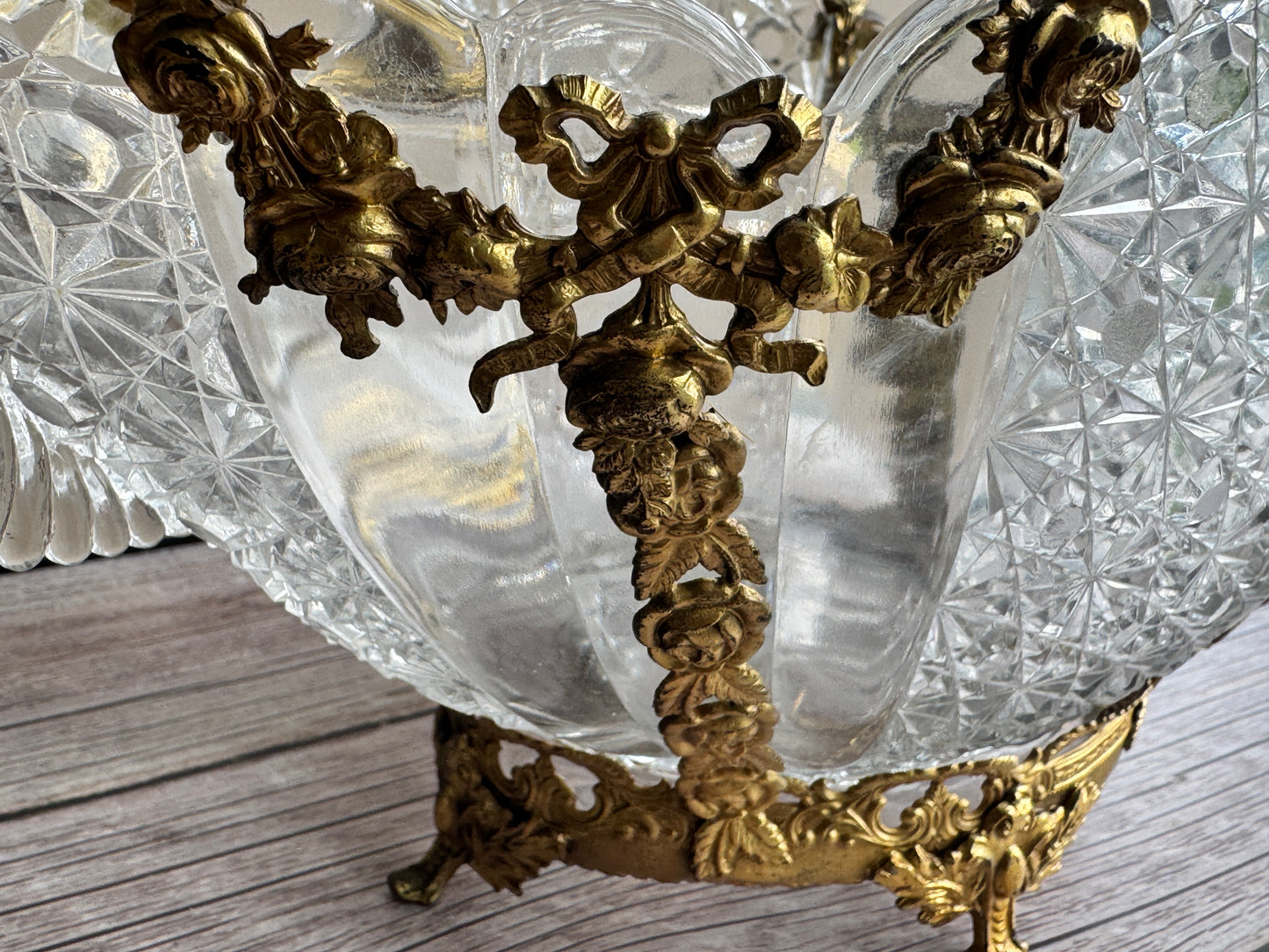 Vintage Cut Glass Bowl & Candlestick Set with Ornate Gilt Filigree Bases