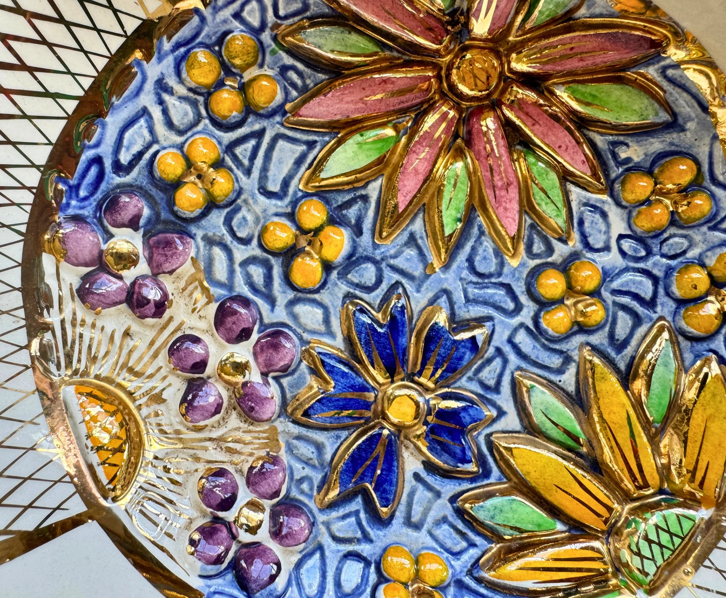 Vintage Belgium Ceramic Floral Leaf Dishes – Pair (Hand-Painted, Gold Lattice)
