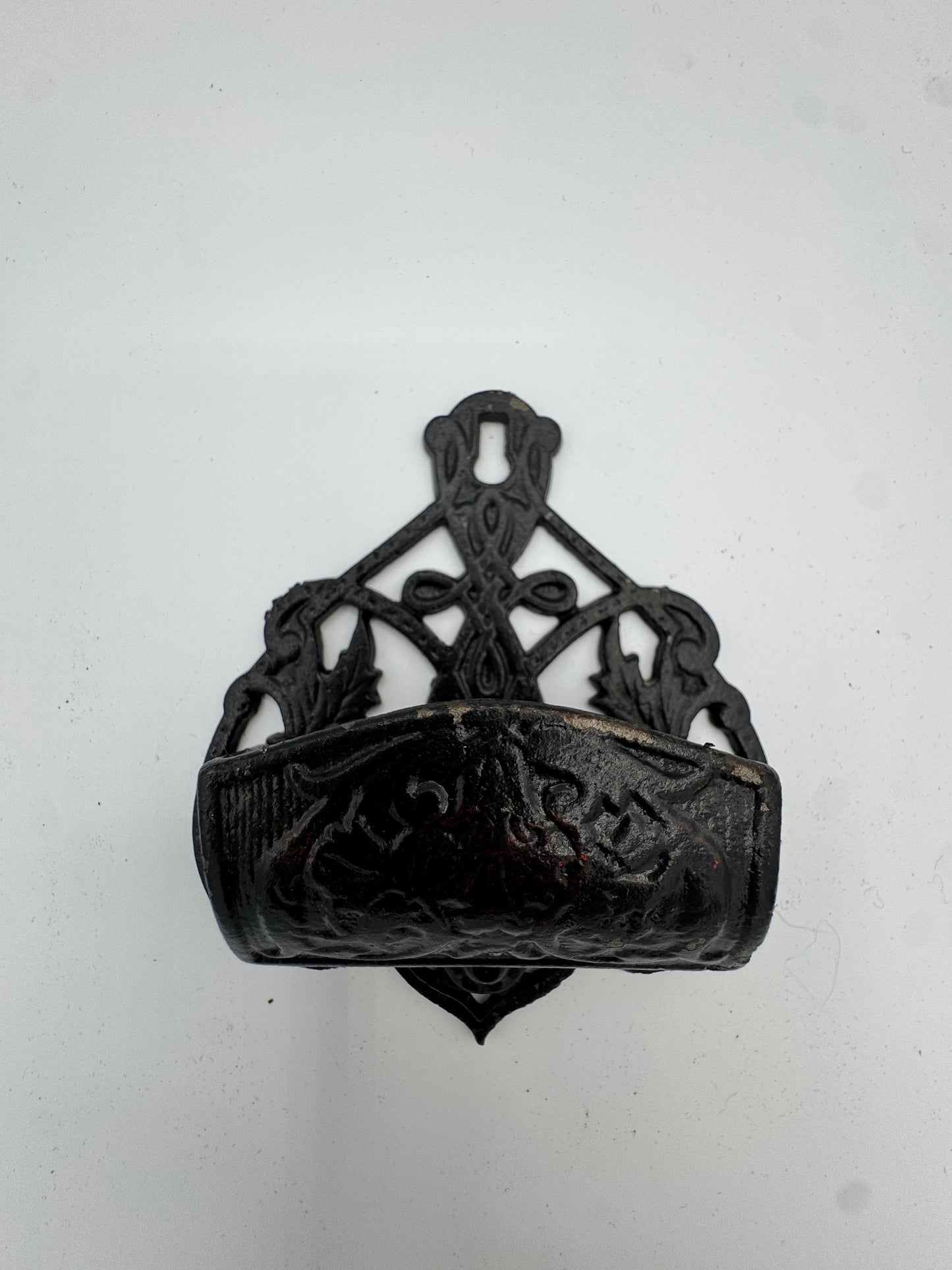 Antique-Style Cast Iron Wall Match Holder | Ornate Black Painted Metal, Early 20th Century Look