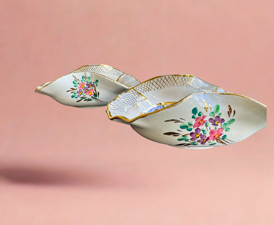 Vintage Belgium Ceramic Floral Leaf Dishes – Pair (Hand-Painted, Gold Lattice)