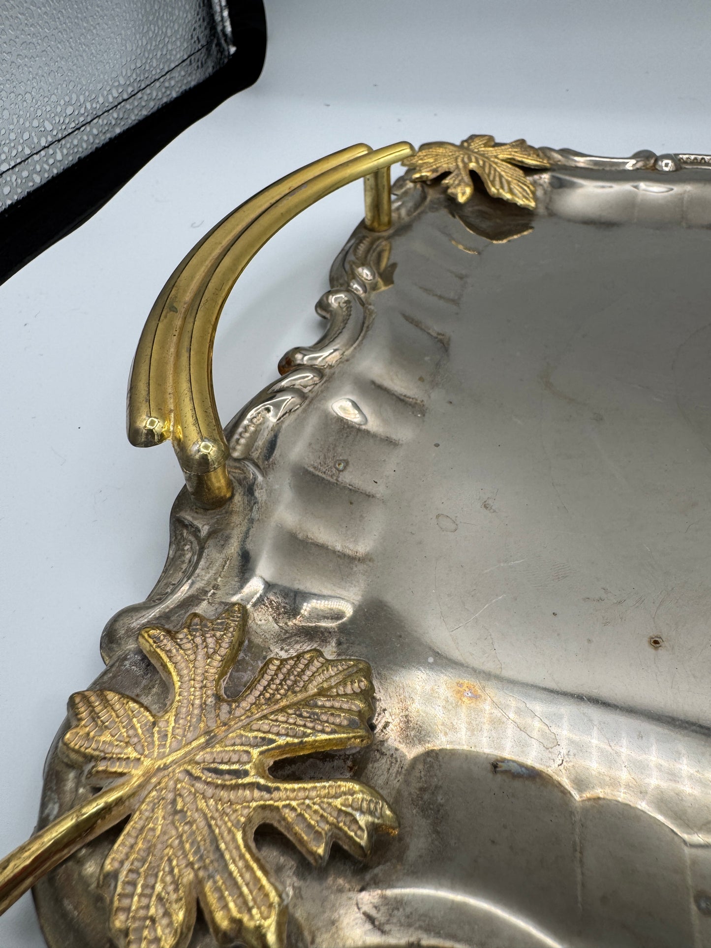 Vintage Ornate Serving Tray with Gold Leaf Handles – Made in Spain