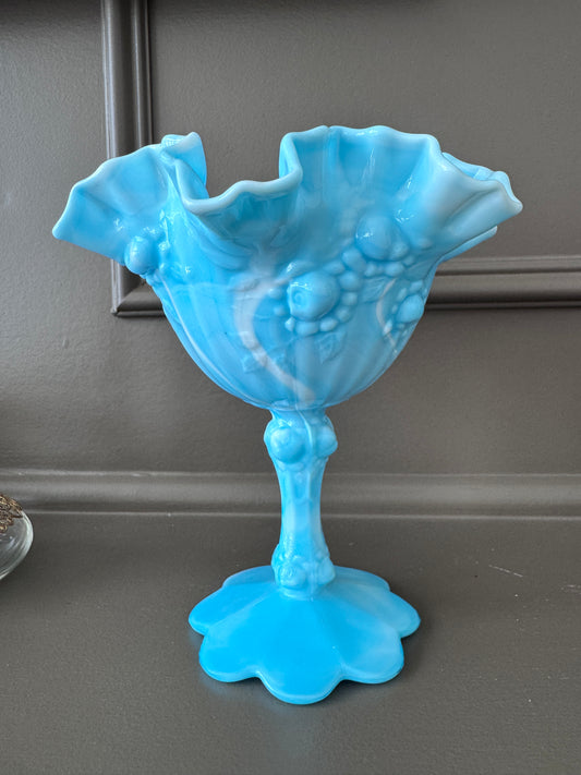 Fenton Blue Slag Glass Cabbage Rose Compote – Vintage Ruffled Pedestal Bowl
