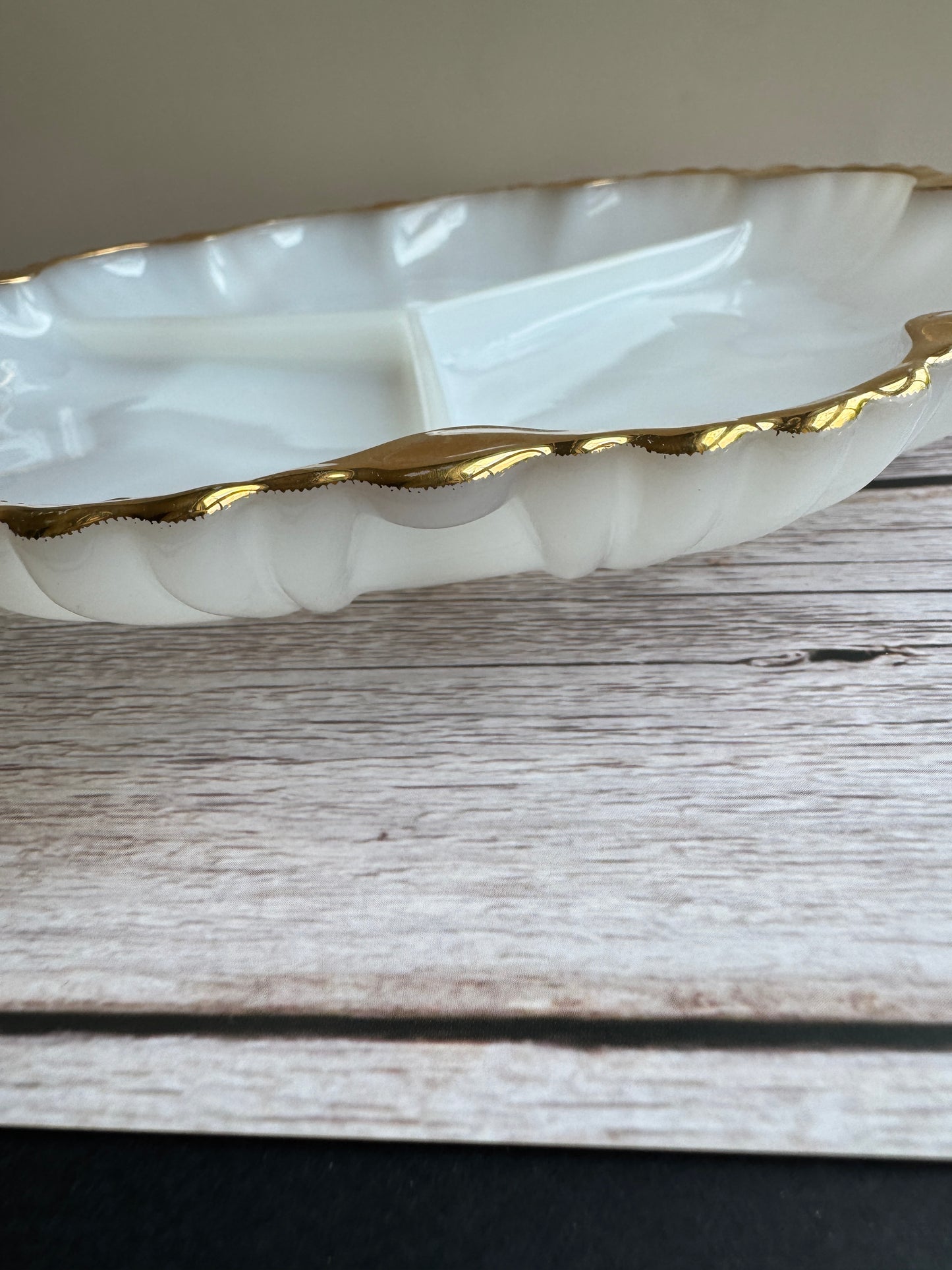 Vintage Milk Glass Dish with Gold Trim – Scalloped Divided Dish