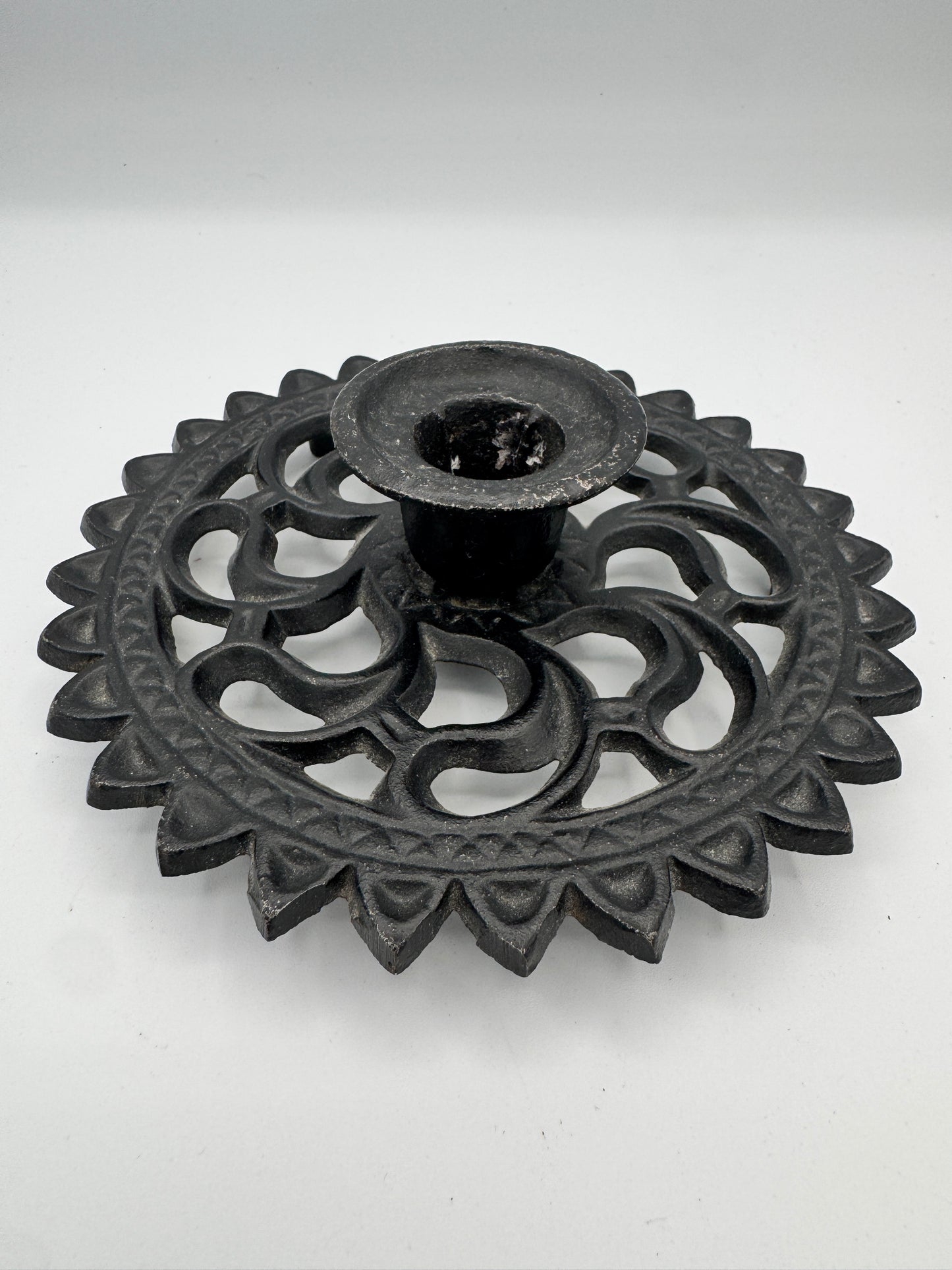 Vintage John Wright Cast Iron Candle Holders (Pair) – Gothic Style, Industrial Black, Model 872
