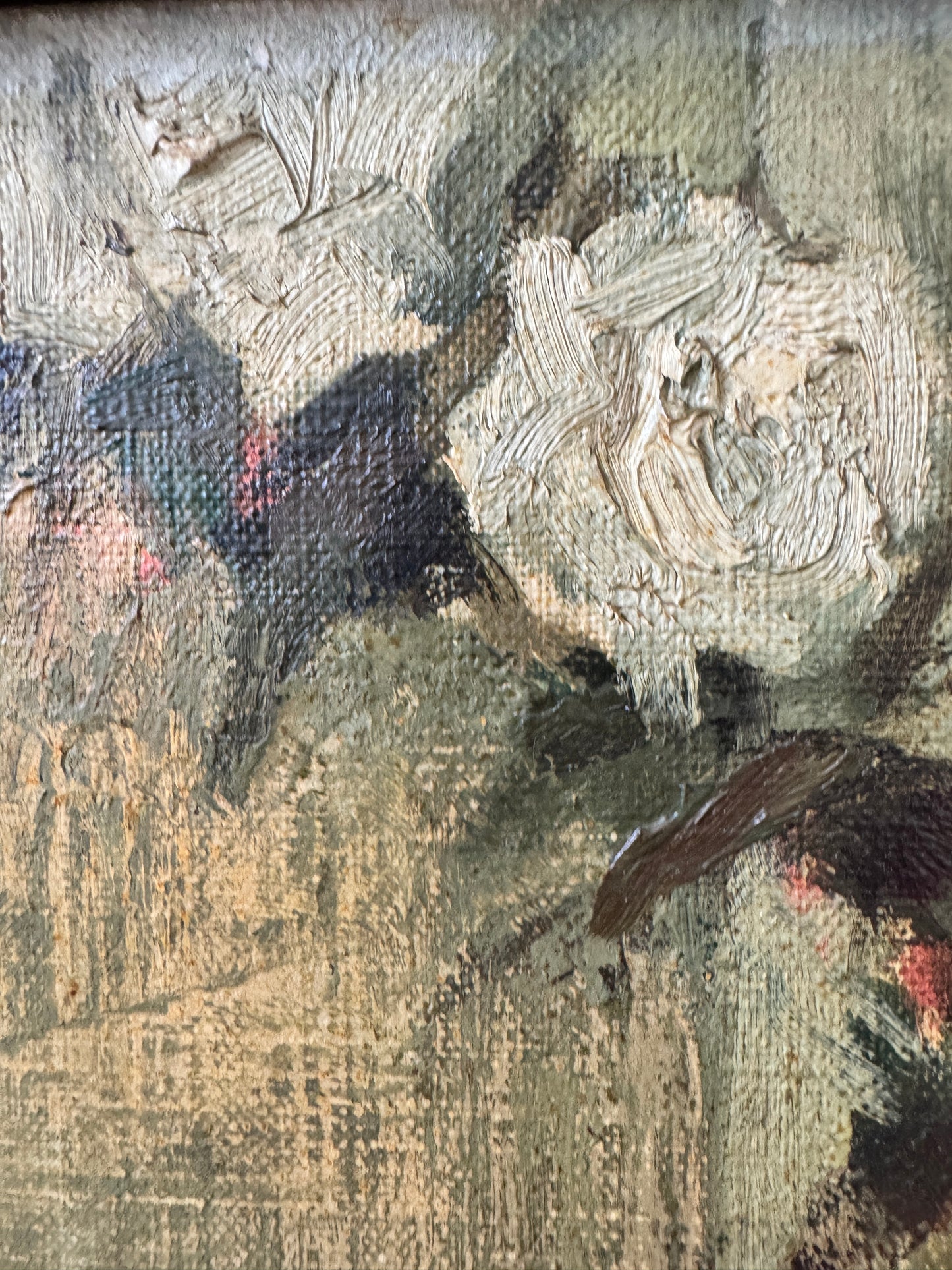 Floral Still Life by T. Okabe (c. 1930) – Oil on Canvas in Celadon Palette
