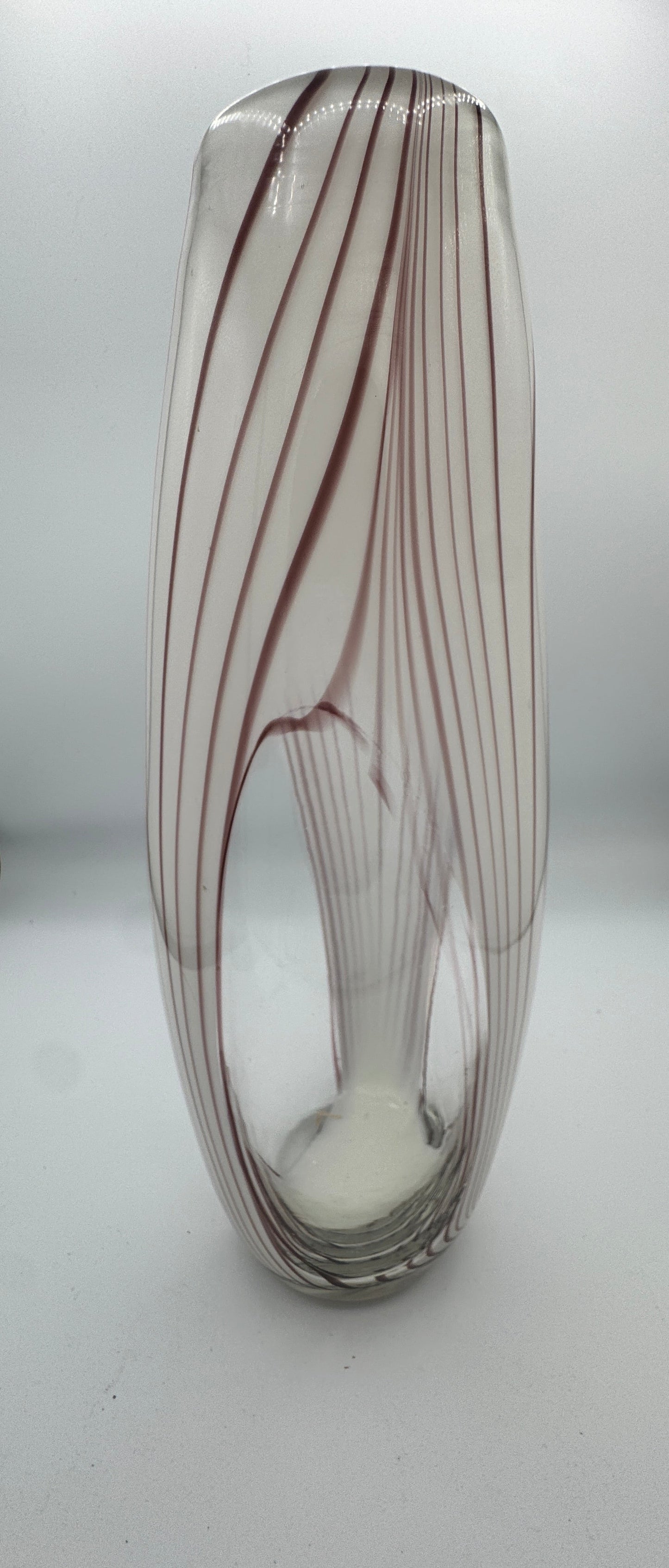 Handblown Art Glass Ribbon Vase – Murano Style Purple & White Swirl