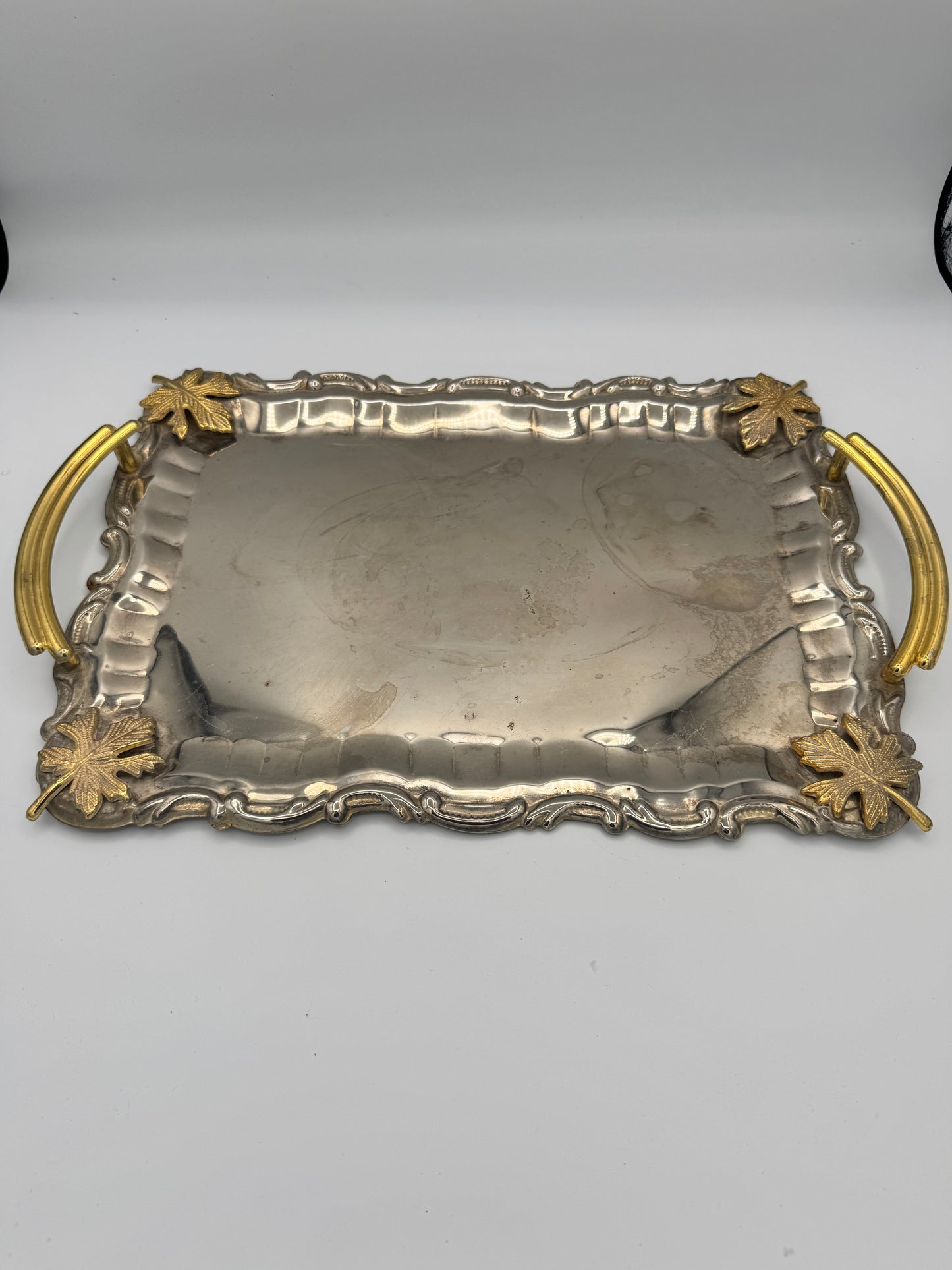 Vintage Ornate Serving Tray with Gold Leaf Handles – Made in Spain