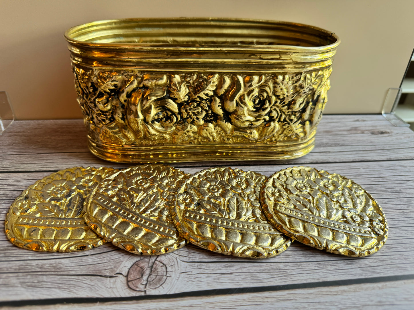 Vintage Embossed Brass Planter & Coaster Set – Made in England, Floral Detail, Patina