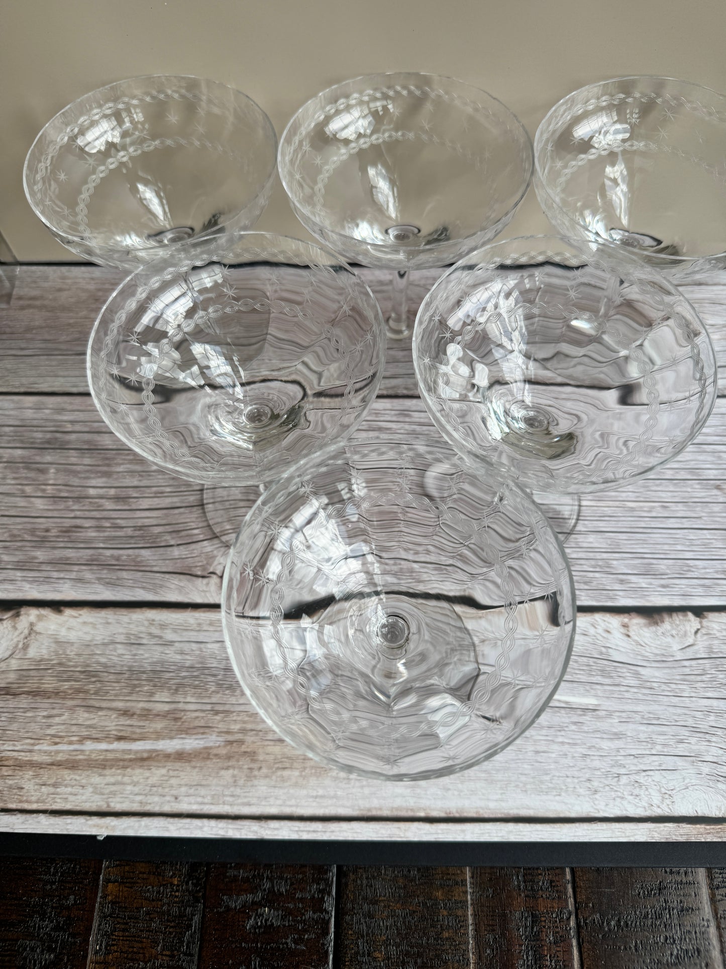 Set of 6 Vintage Etched Starburst Coupe Glasses | Mid-Century Cocktail or Champagne Saucers