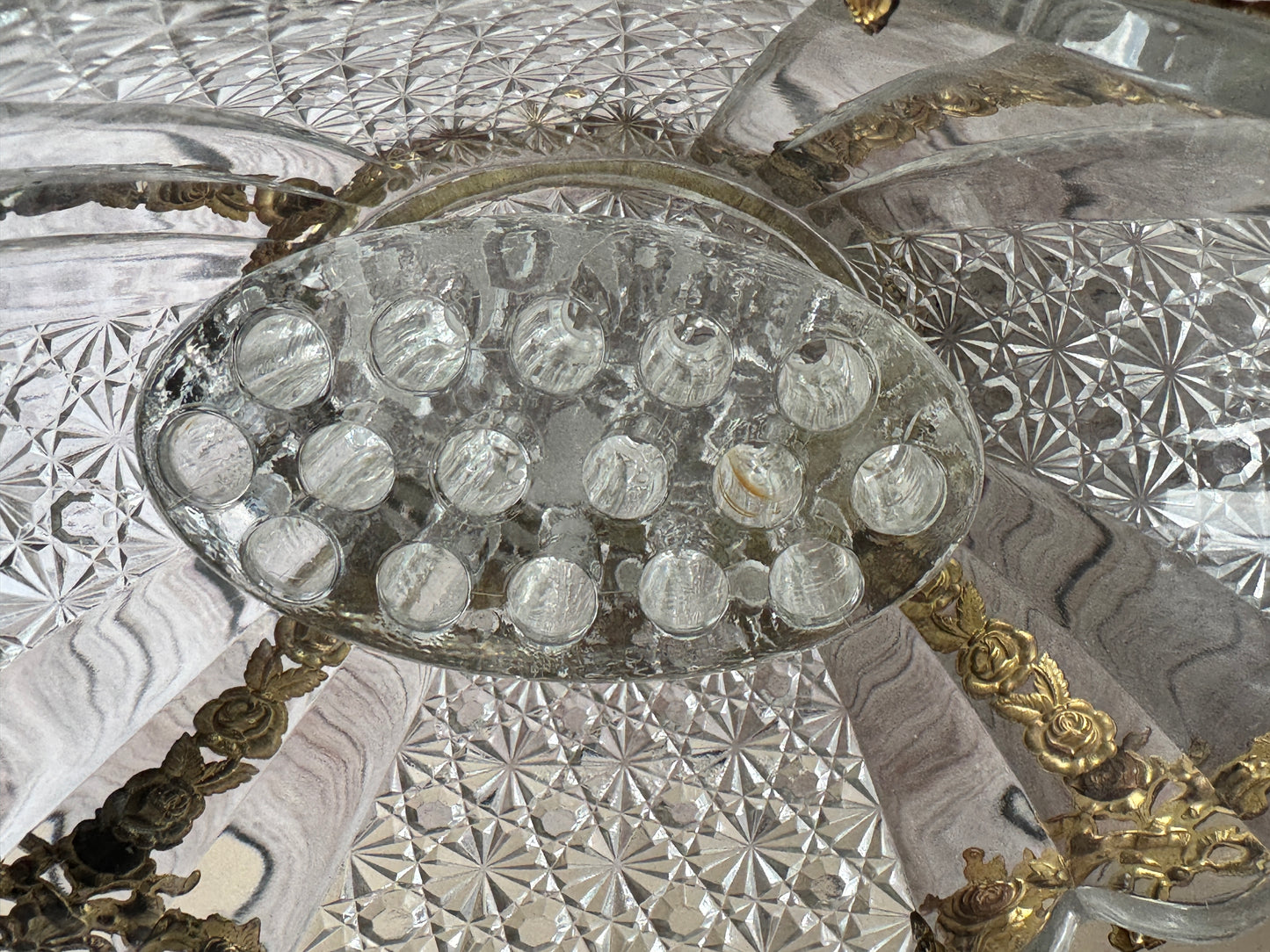 Vintage Cut Glass Bowl & Candlestick Set with Ornate Gilt Filigree Bases