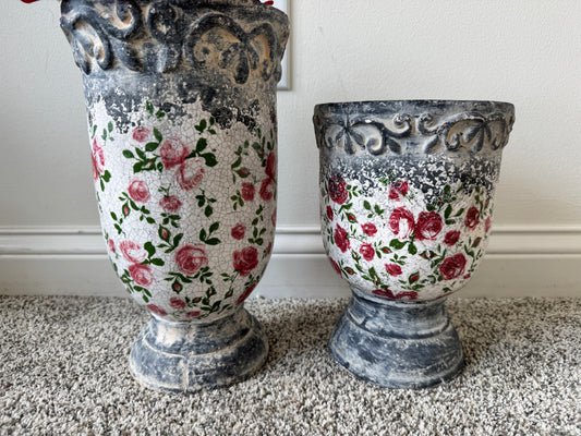 Pair of Vintage Weathered Terracotta Garden Planters – Early 20th Century European Style