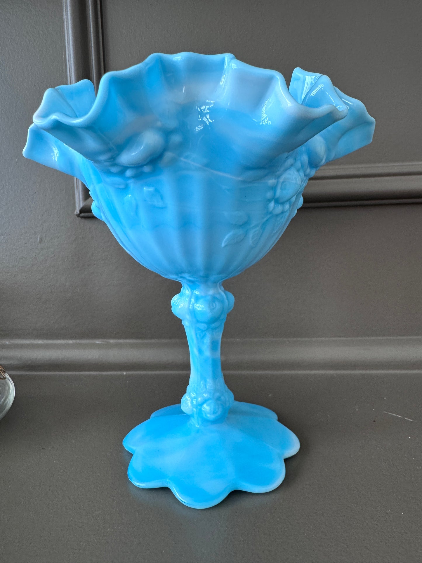 Fenton Blue Slag Glass Cabbage Rose Compote – Vintage Ruffled Pedestal Bowl