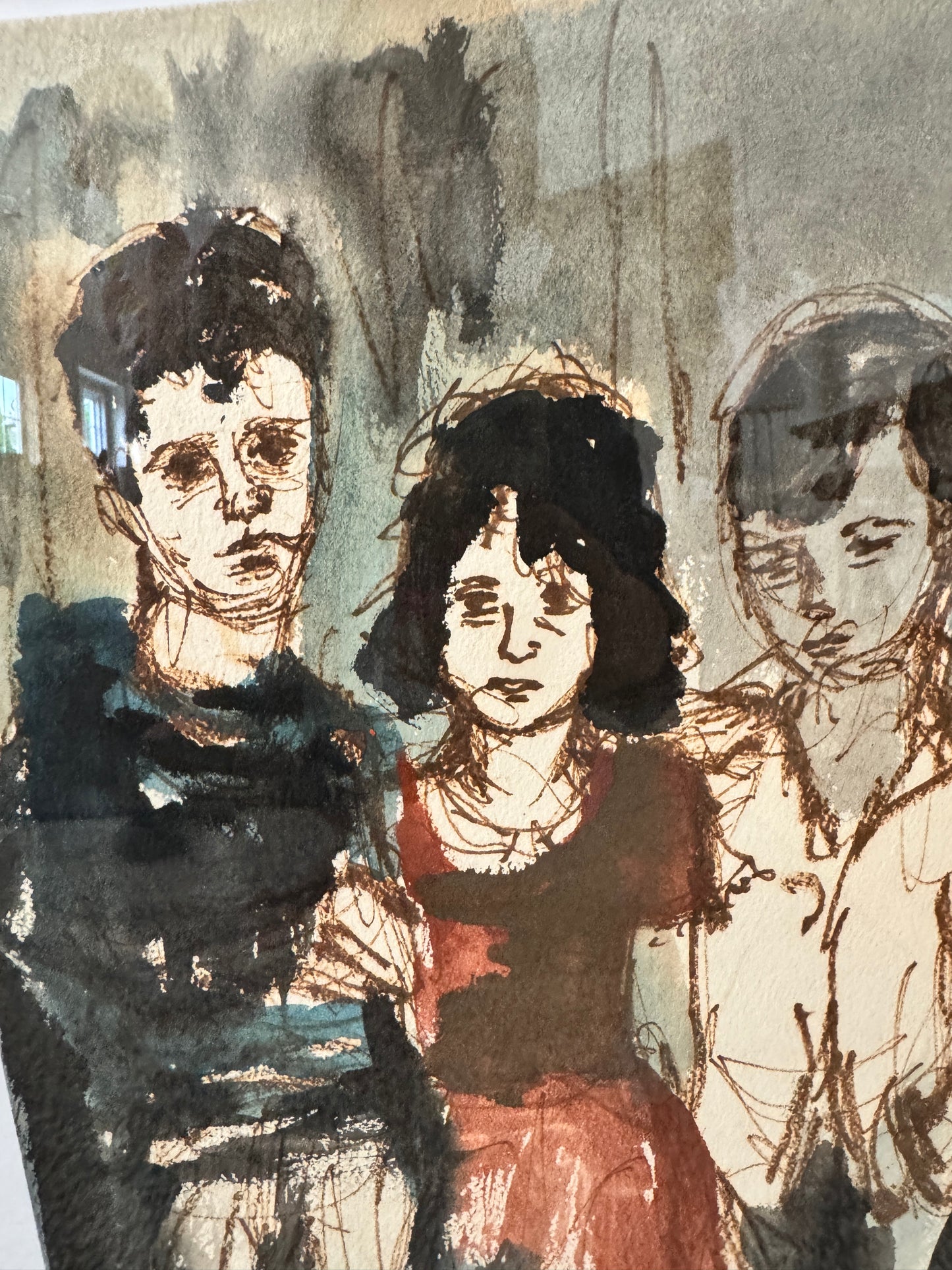 Signed Joni T. Johnson Watercolor – Three Children  Portrait (Indiana Artist, 1934–1988)
