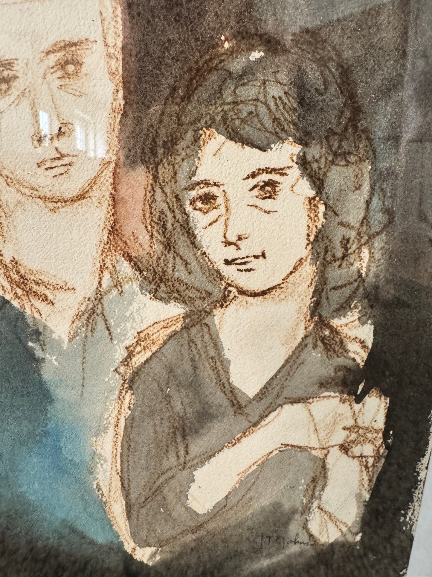 Signed Joni T. Johnson Watercolor – Couple Portrait (Indiana Artist, 1934–1988)