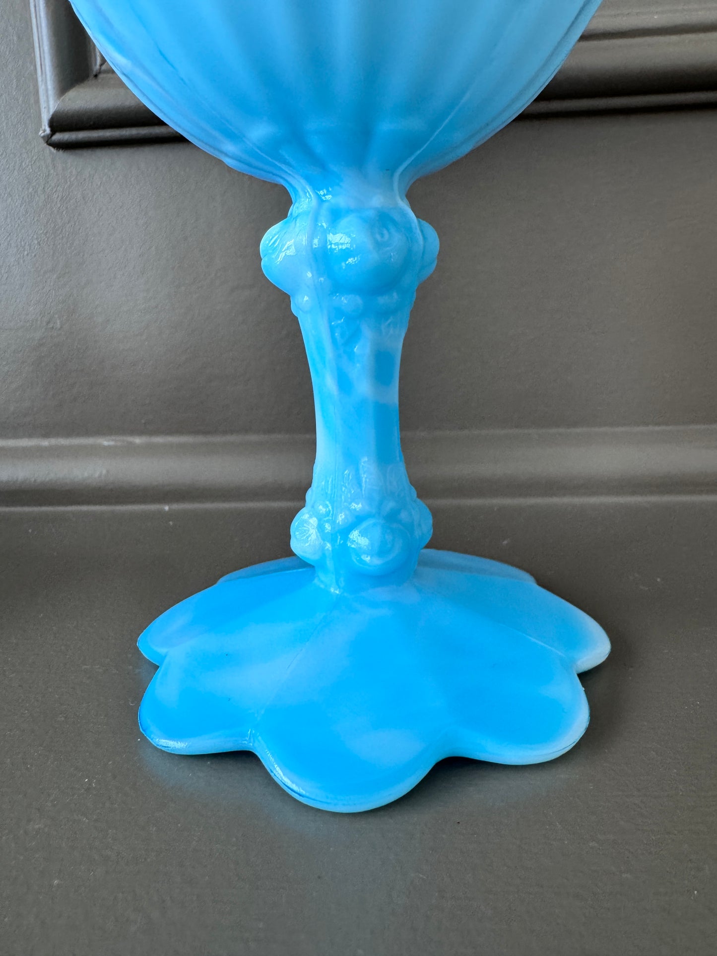 Fenton Blue Slag Glass Cabbage Rose Compote – Vintage Ruffled Pedestal Bowl
