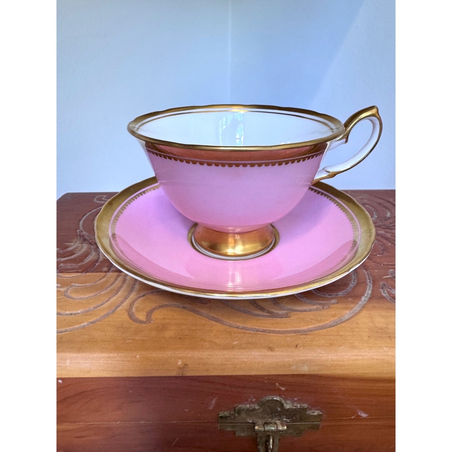 Royal Chelsea Bone China Teacup and Saucer Pink and Gold England 660A Vintage Tea Set