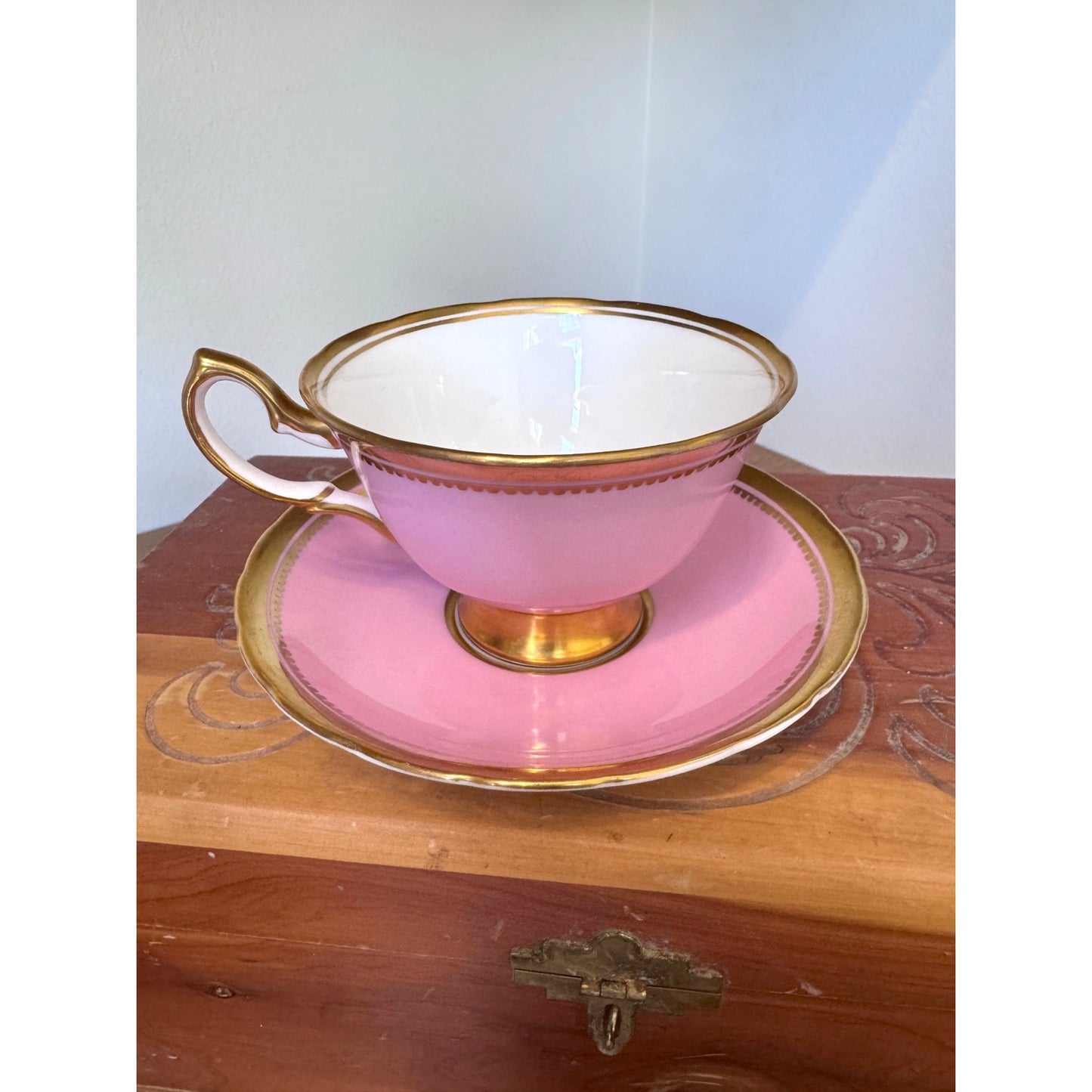 Royal Chelsea Bone China Teacup and Saucer Pink and Gold England 660A Vintage Tea Set