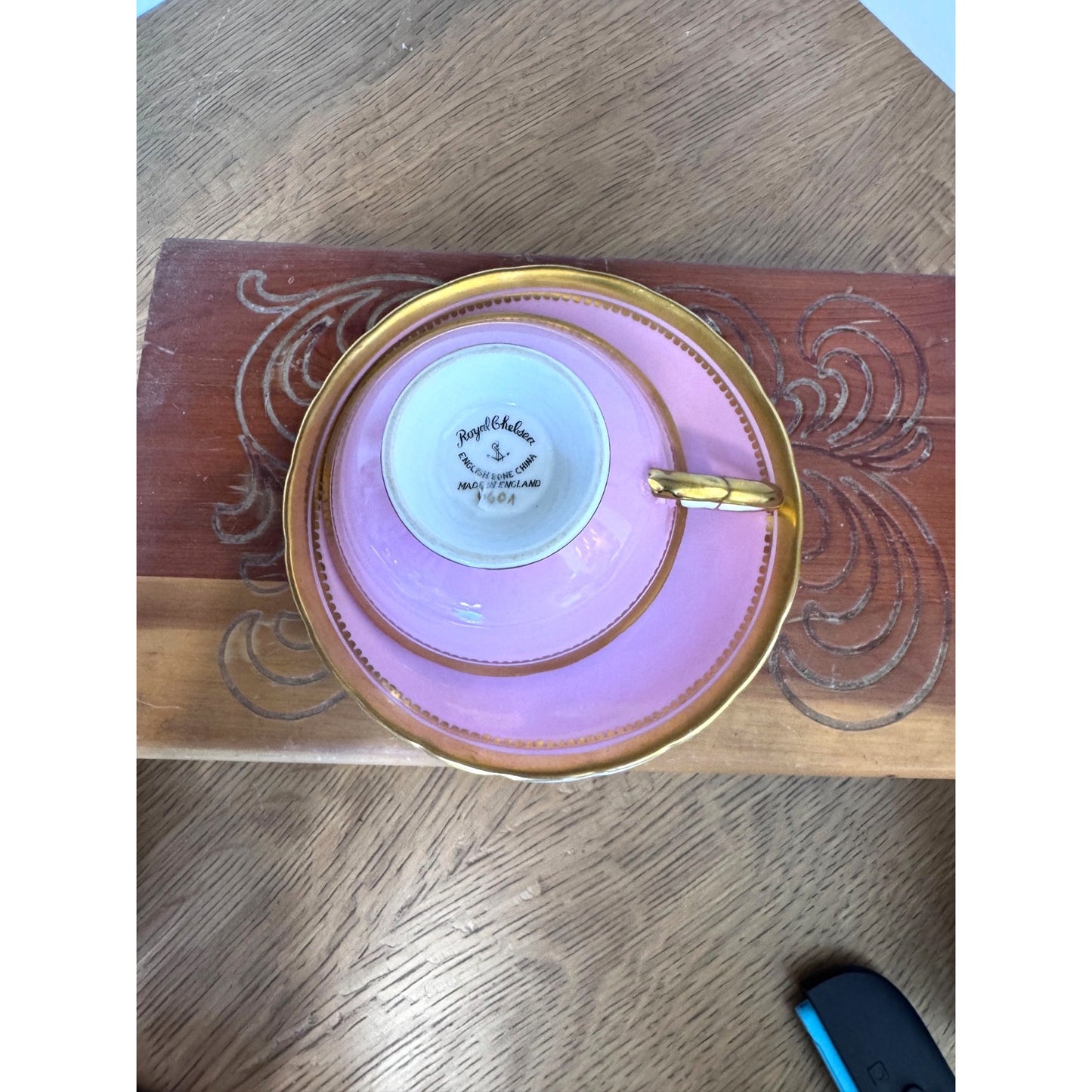 Royal Chelsea Bone China Teacup and Saucer Pink and Gold England 660A Vintage Tea Set