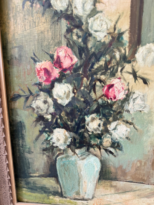 Floral Still Life by T. Okabe (c. 1930) – Oil on Canvas in Celadon Palette