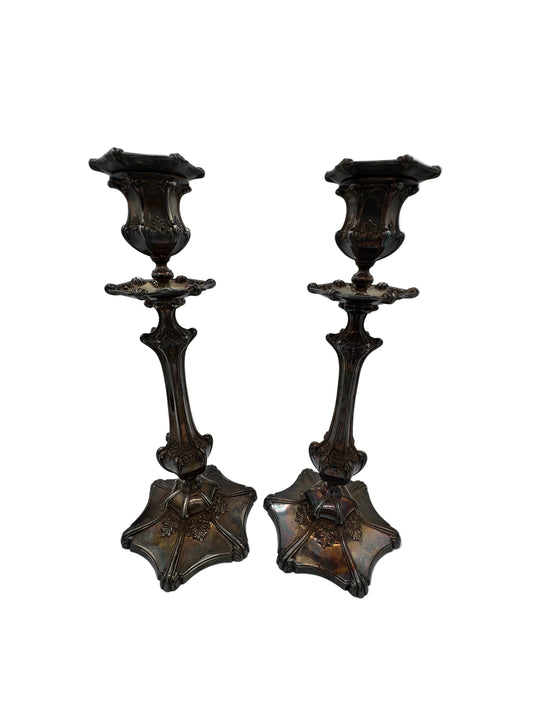 Antique Wilcox Silver Plate Co. Quadruple Plate Candlesticks – Victorian Era, Ornate Silver Candle Holders (Pair), c.1880s