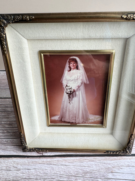 Vintage Bridal Portrait Frame with Velvet Mat & Gold Roses | Shadow-Box Depth