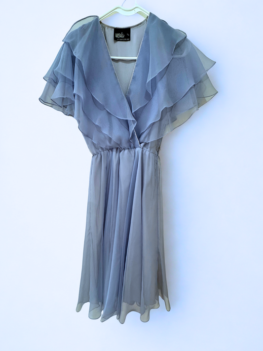Ursula of Switzerland Pearl-Trimmed Chiffon Dress – Dusty Blue, Flutter Sleeve, Size 3/4