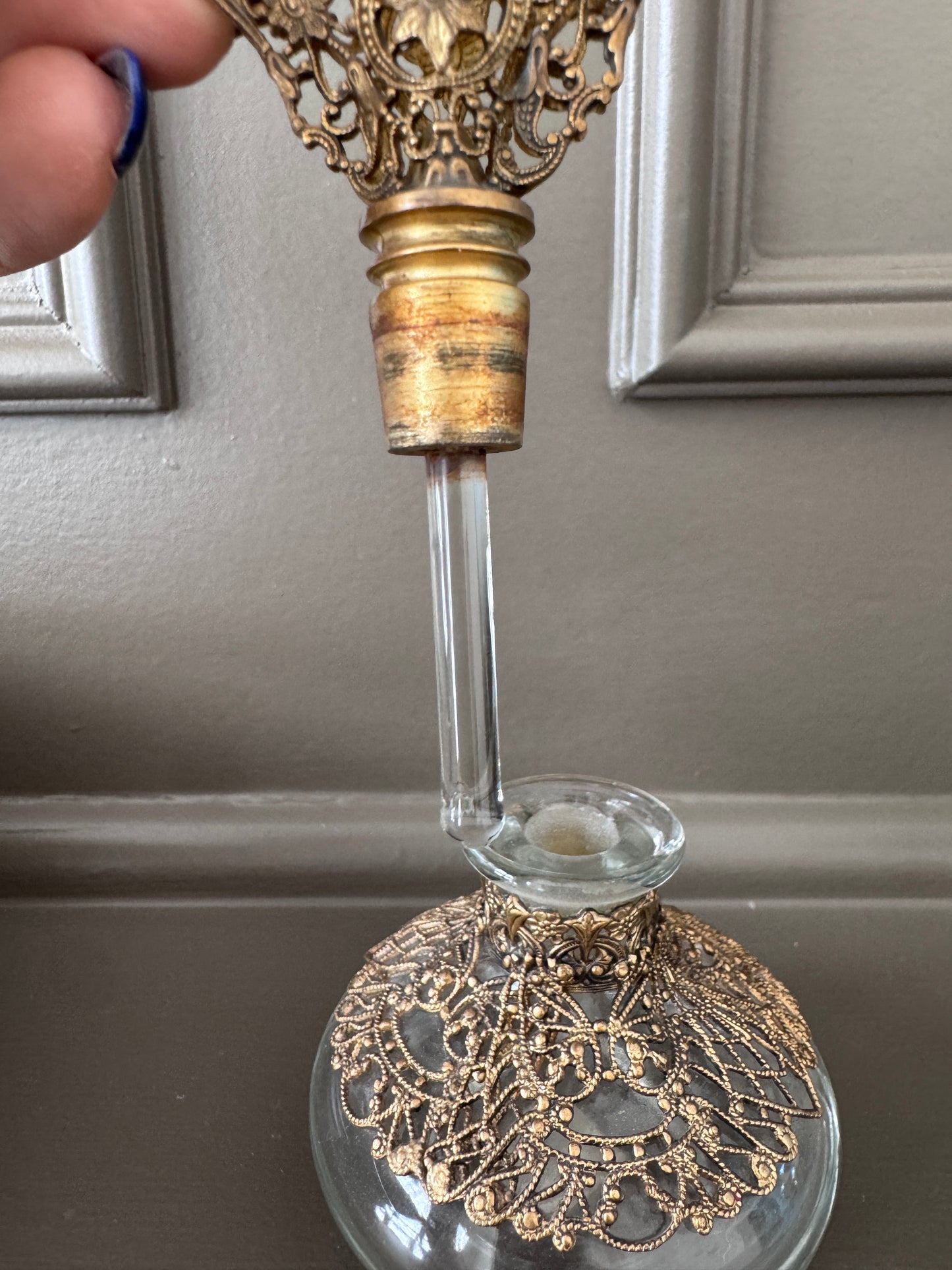 Vintage Apollo Perfume Bottle – Mid-Century Hollywood Regency Filigree Glass Vanity Bottle with Original Stopper