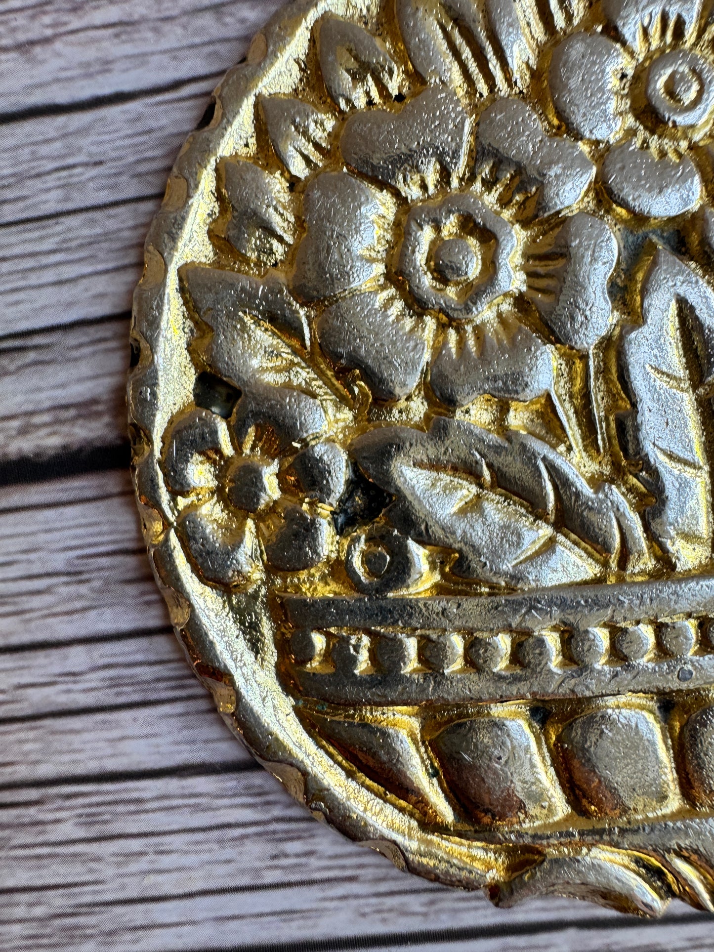Vintage Embossed Brass Planter & Coaster Set – Made in England, Floral Detail, Patina