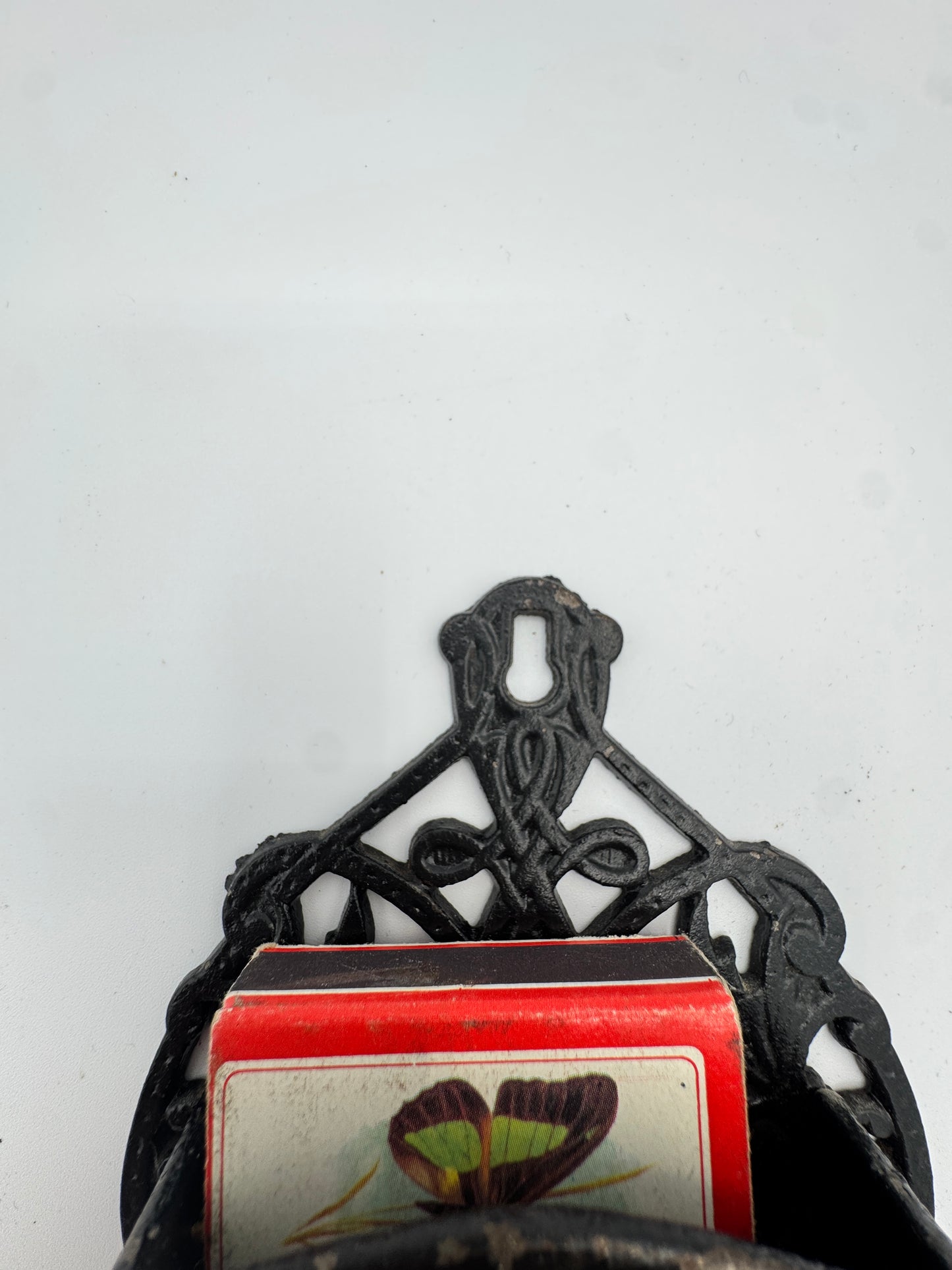 Antique-Style Cast Iron Wall Match Holder | Ornate Black Painted Metal, Early 20th Century Look