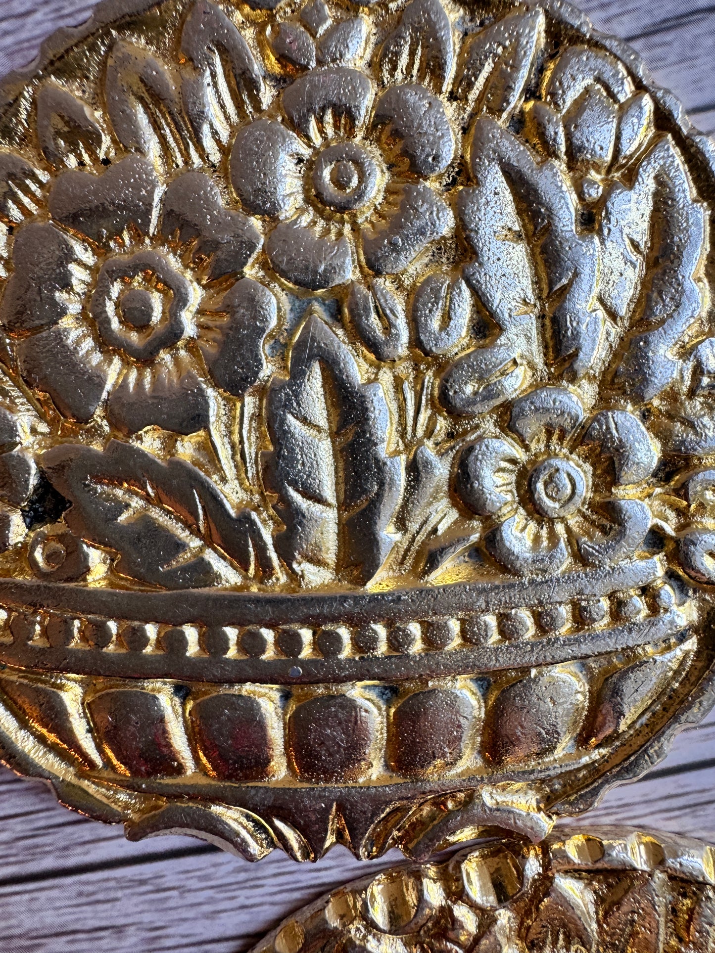 Vintage Embossed Brass Planter & Coaster Set – Made in England, Floral Detail, Patina