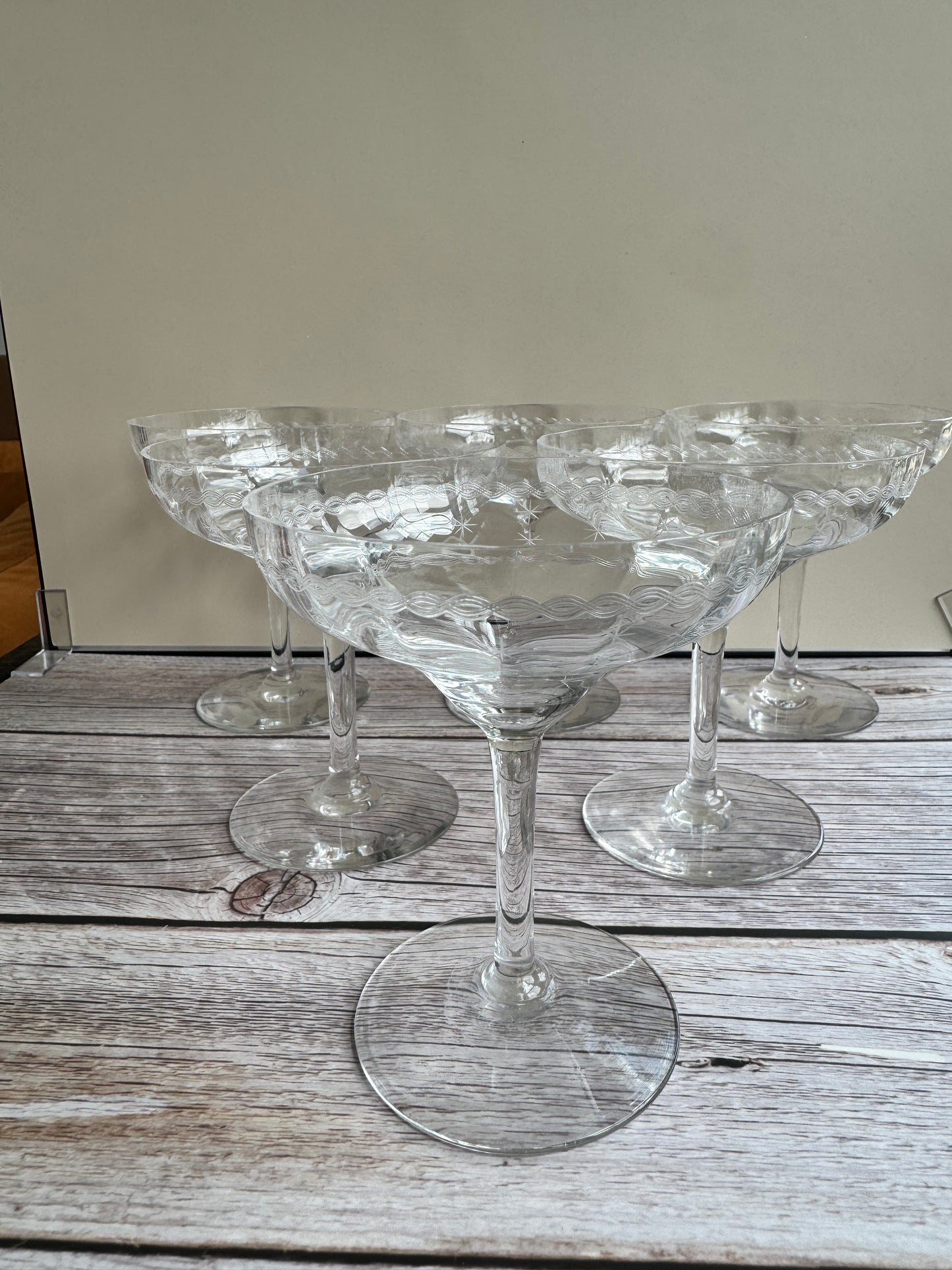Set of 6 Vintage Etched Starburst Coupe Glasses | Mid-Century Cocktail or Champagne Saucers