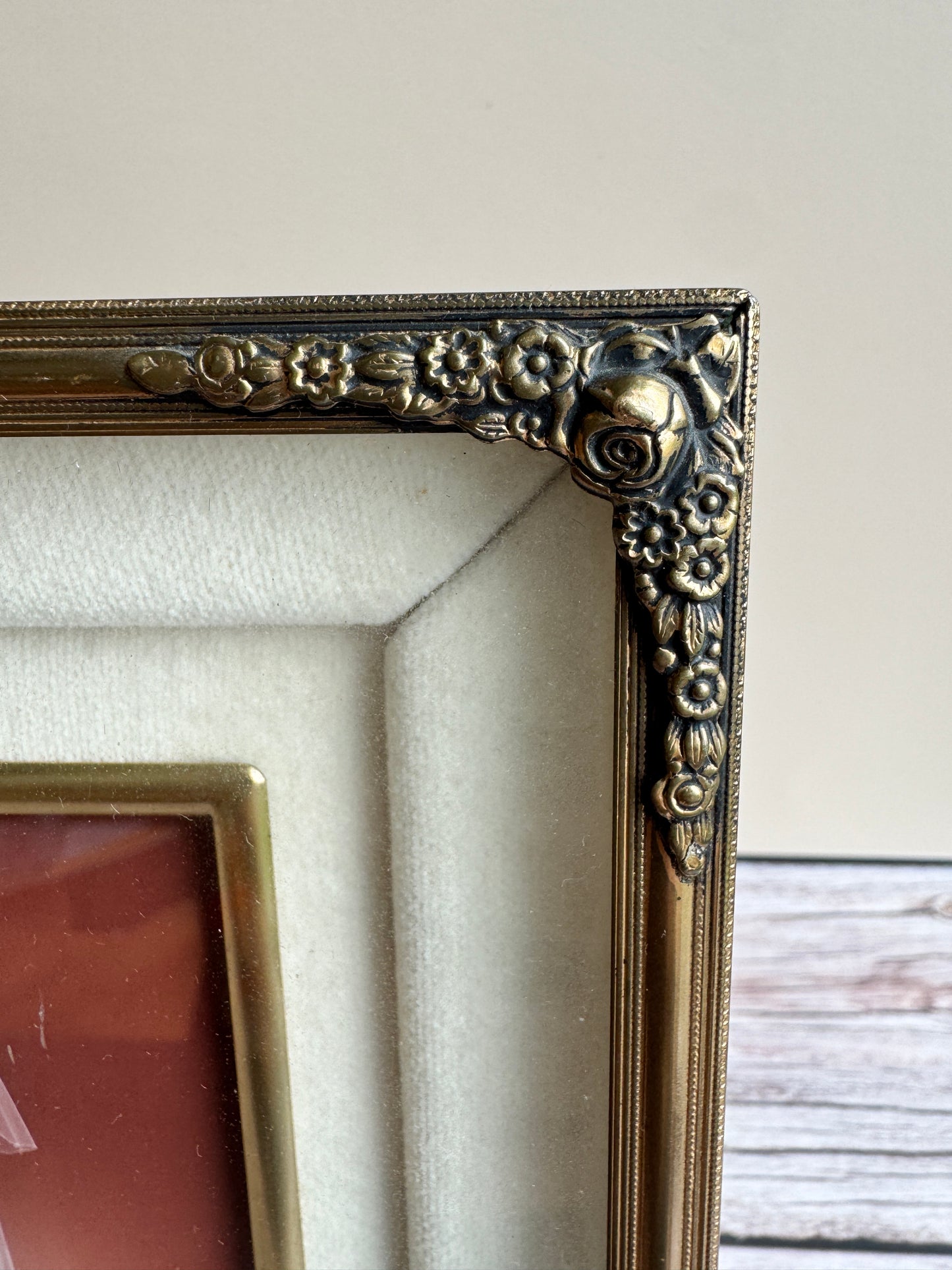 Vintage Bridal Portrait Frame with Velvet Mat & Gold Roses | Shadow-Box Depth