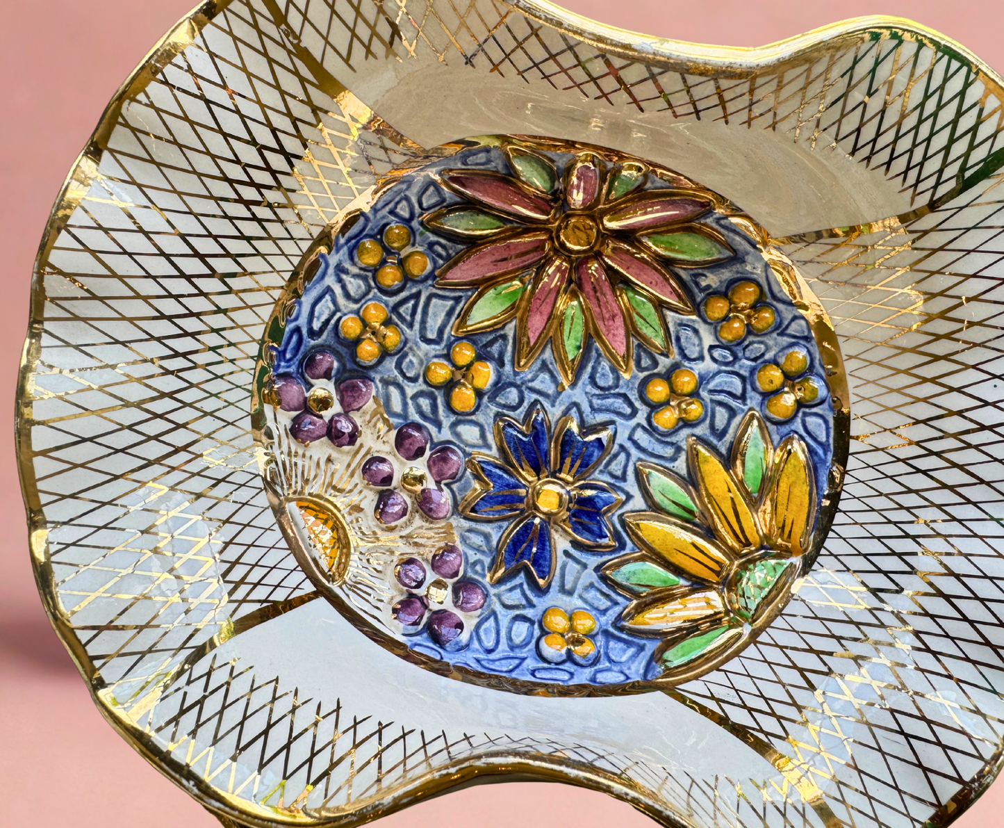 Vintage Belgium Ceramic Floral Leaf Dishes – Pair (Hand-Painted, Gold Lattice)