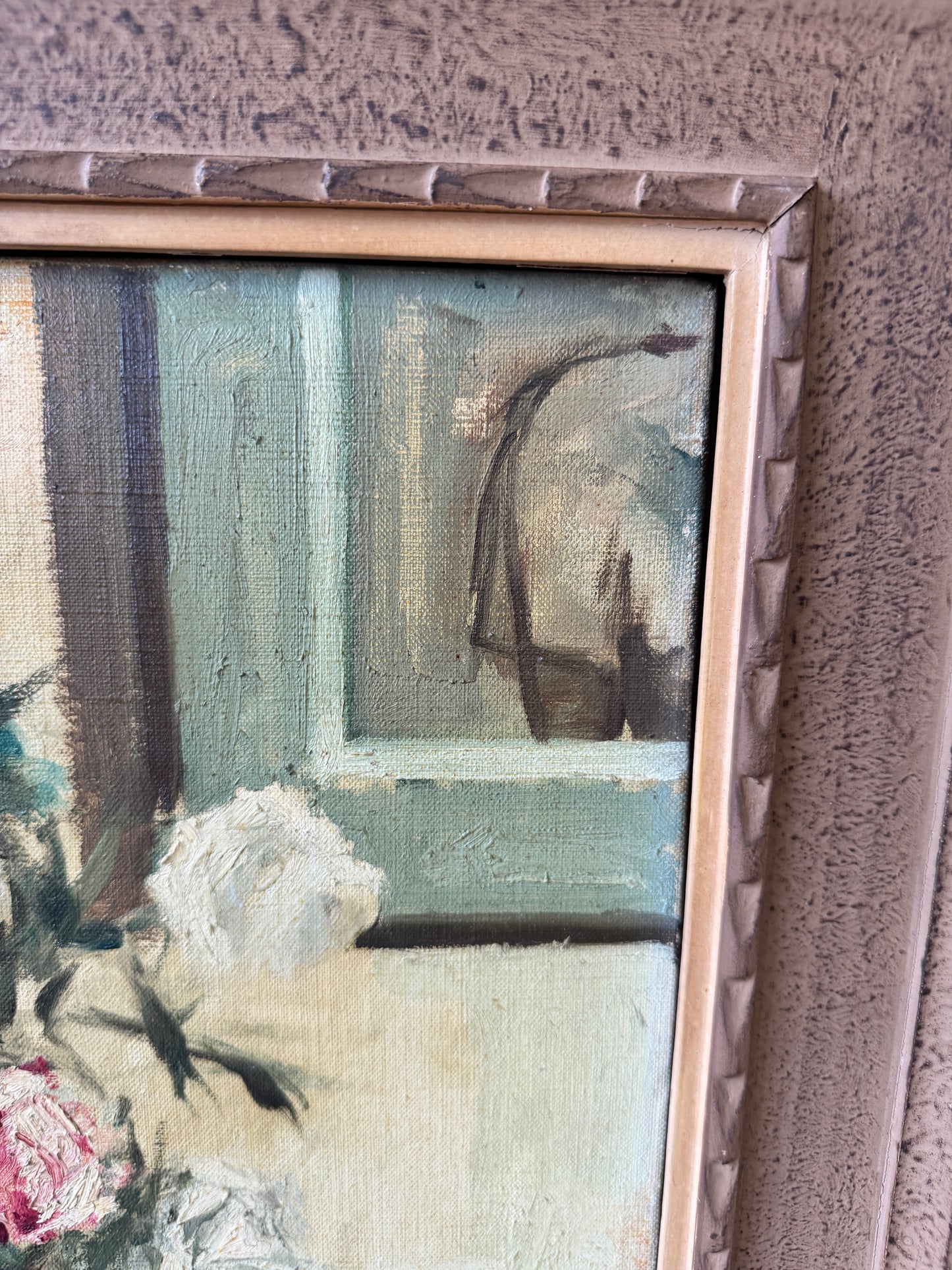 Floral Still Life by T. Okabe (c. 1930) – Oil on Canvas in Celadon Palette
