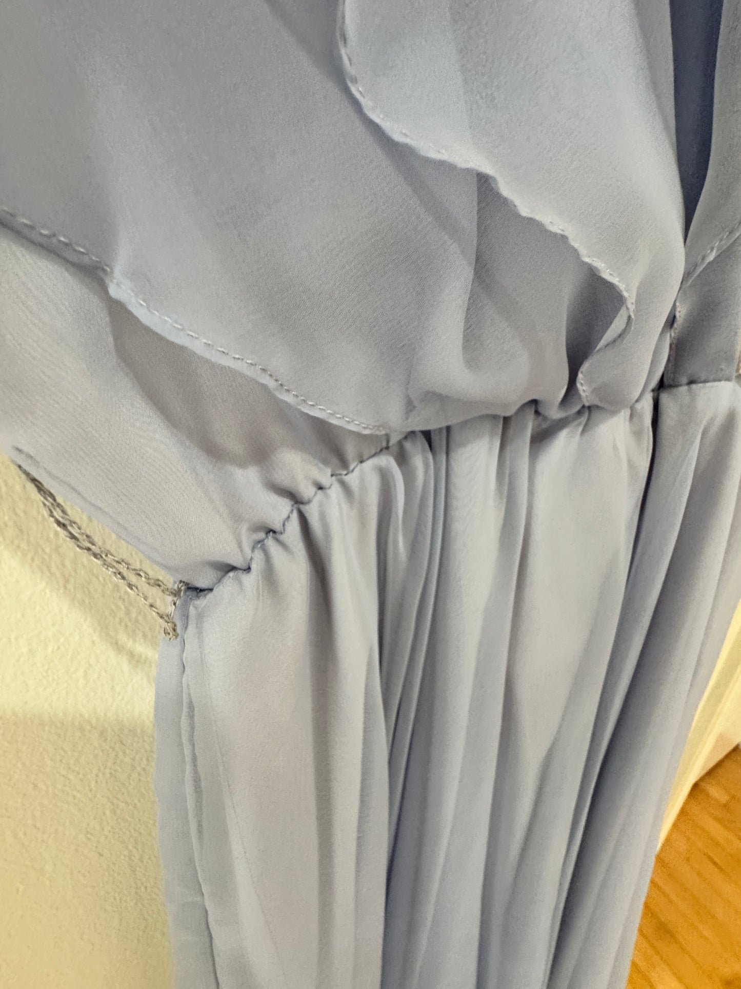 Ursula of Switzerland Pearl-Trimmed Chiffon Dress – Dusty Blue, Flutter Sleeve, Size 3/4
