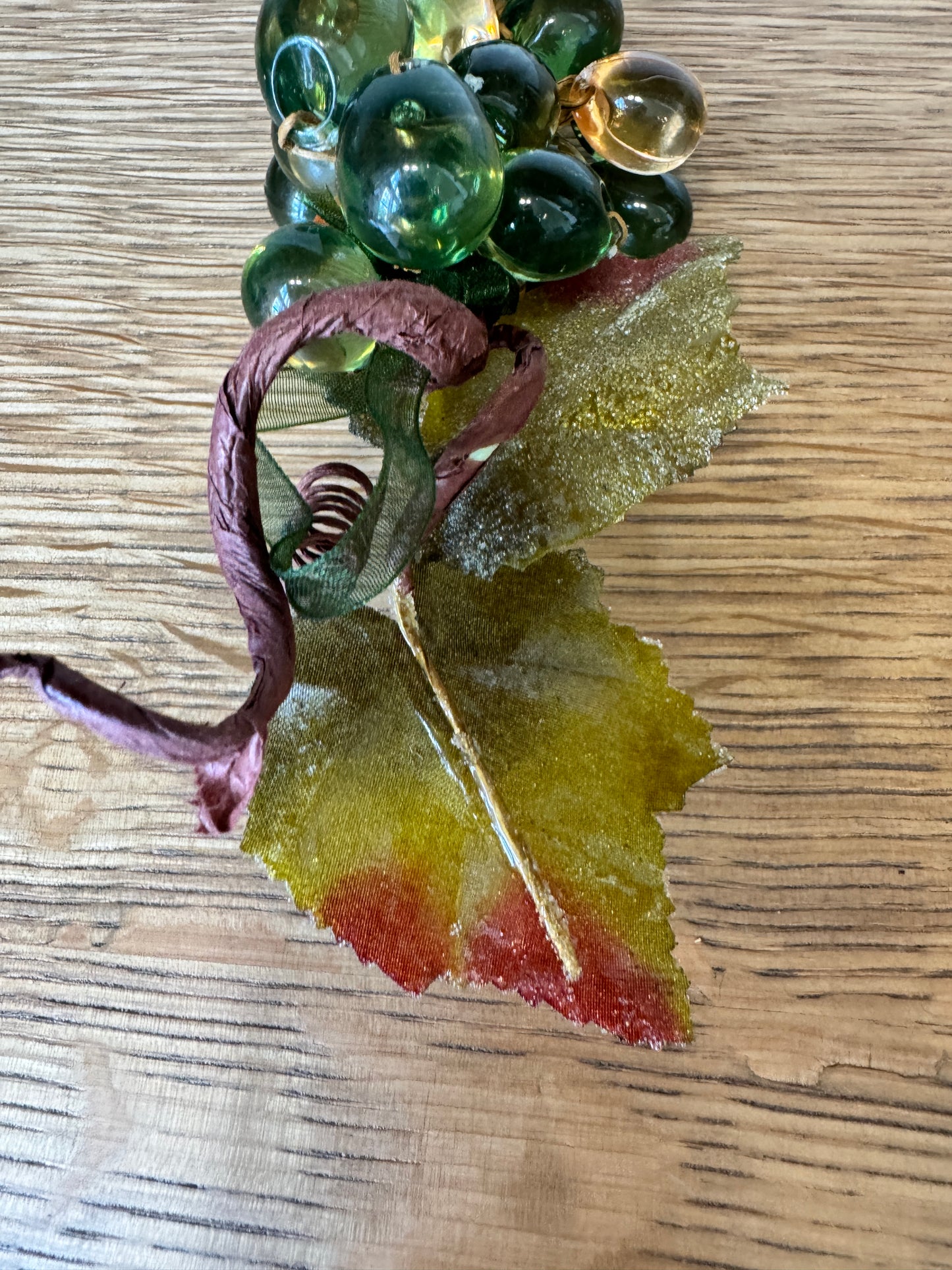 Vintage Glass Grape Clusters – Green & Amber Beads with Velvet Leaves, 8” Tall