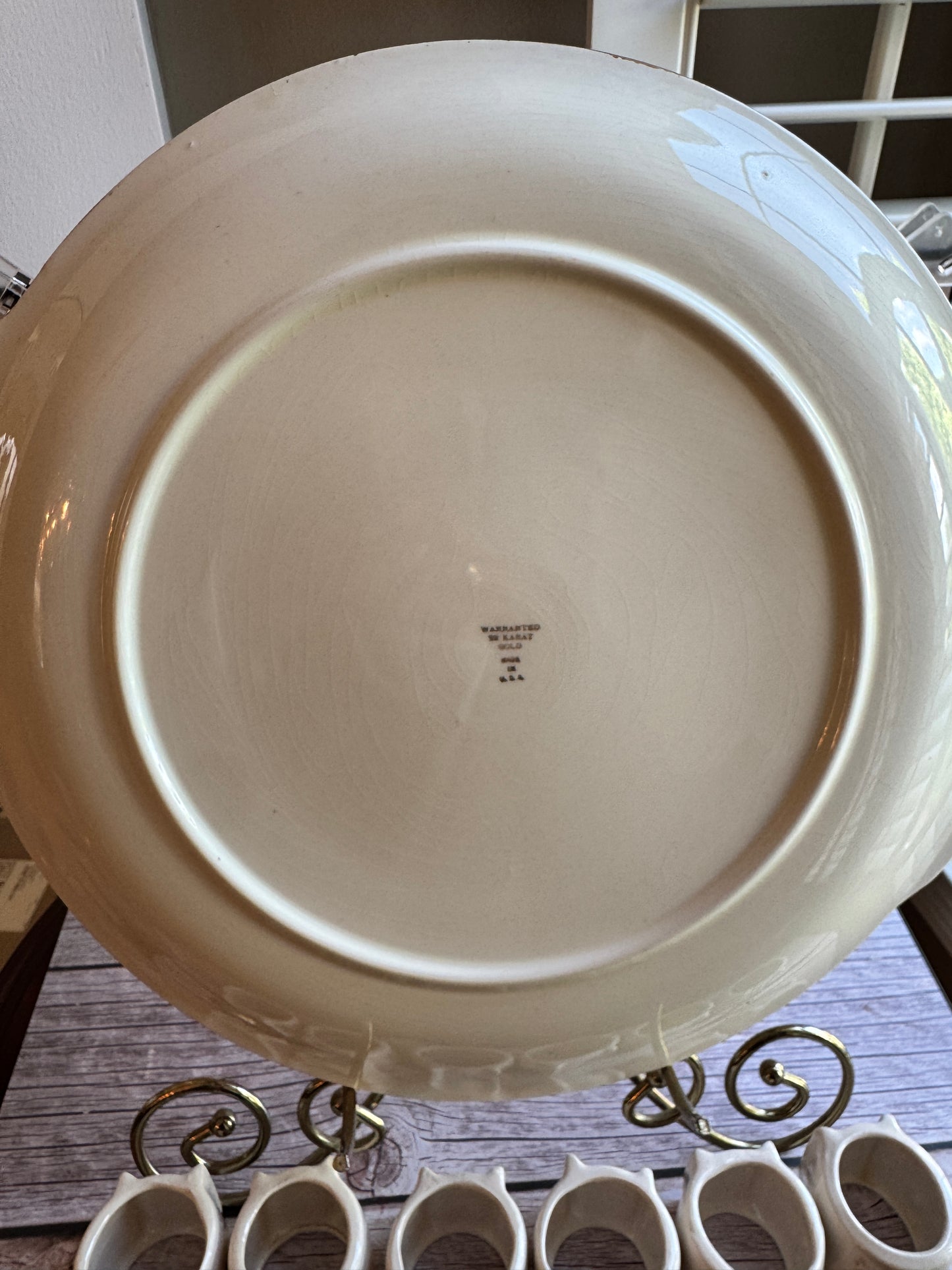 Curated Vintage Ceramic Platter & Napkin Ring Set – 22k Gold Rim + Crazed Glaze