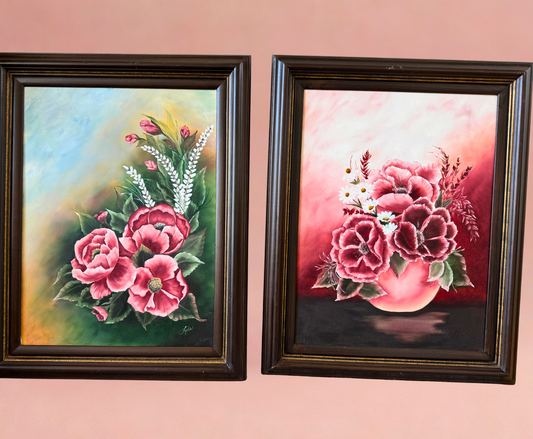 Pair of 1982 Signed Floral Oil Paintings by Lois Dill – Framed 18x24” Canvases