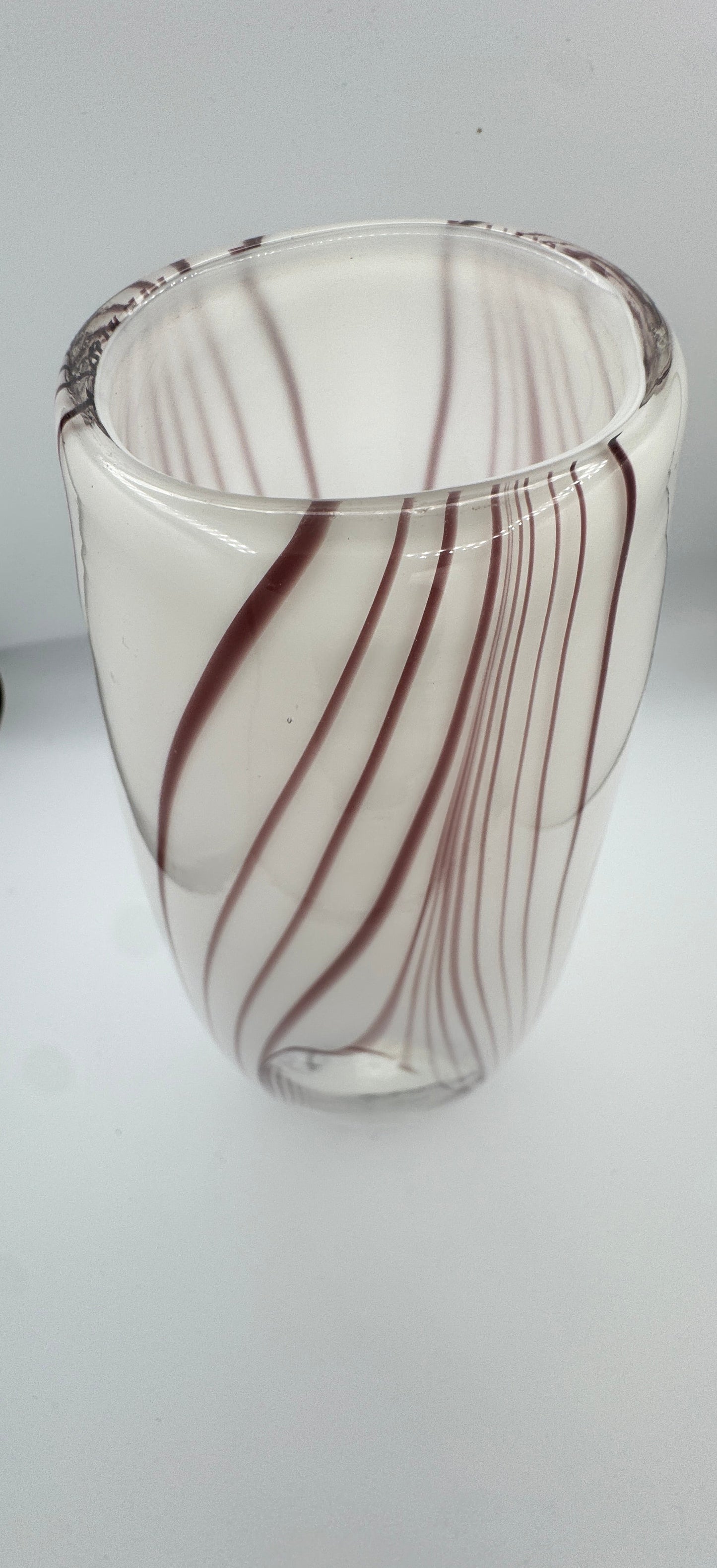 Handblown Art Glass Ribbon Vase – Murano Style Purple & White Swirl