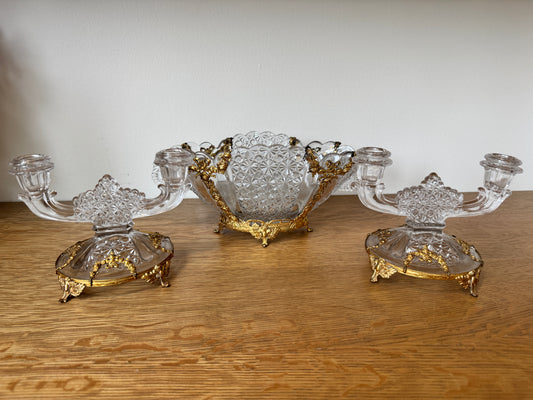 Vintage Cut Glass Bowl & Candlestick Set with Ornate Gilt Filigree Bases