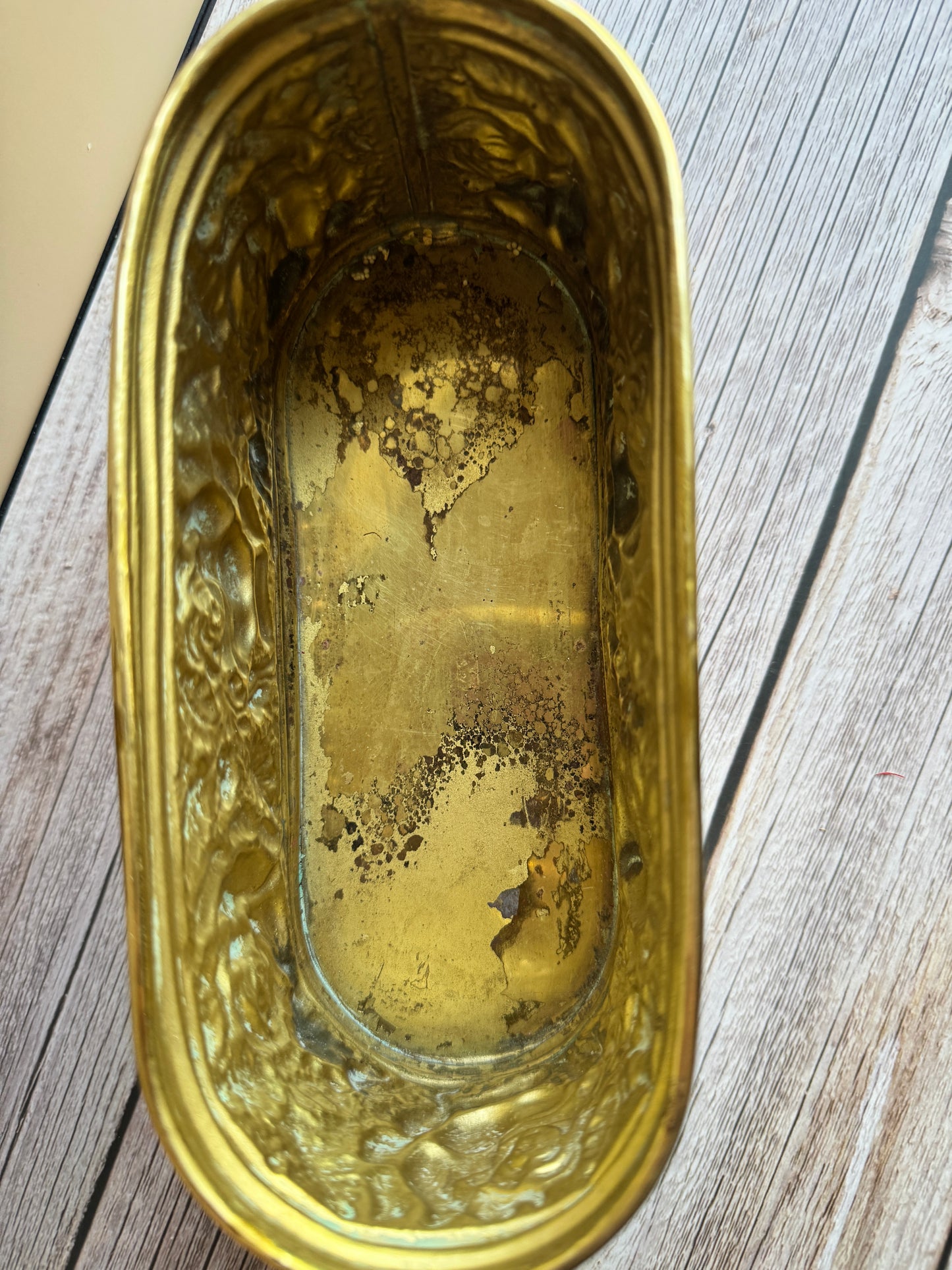 Vintage Embossed Brass Planter & Coaster Set – Made in England, Floral Detail, Patina